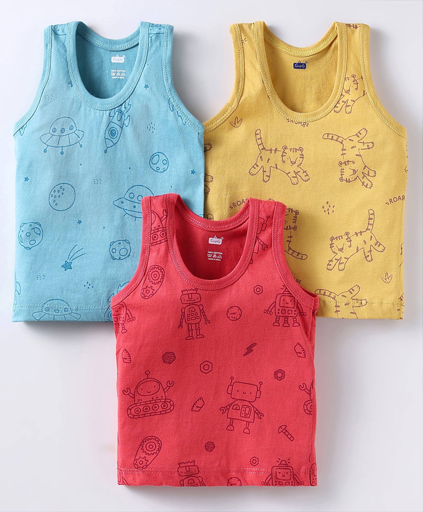 Simply Sinker Knit Sleeveless Vests With Animal Print Pack Of 3 - Light Blue Yellow & Red-picture-24