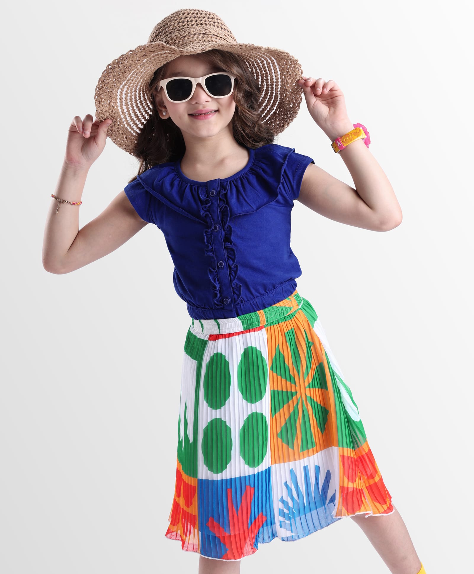 ollington st. Ollington St.Cotton Knit Half Sleeves Top & Floral Printed Skirt Set - Blue-picture-30