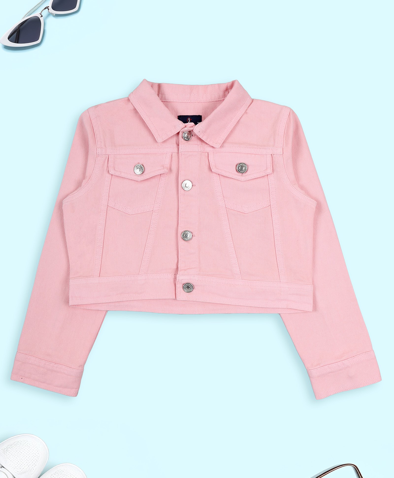 Kiddopanti Denim Woven Full Sleeves Solid Crop Jacket - Pink-picture-22