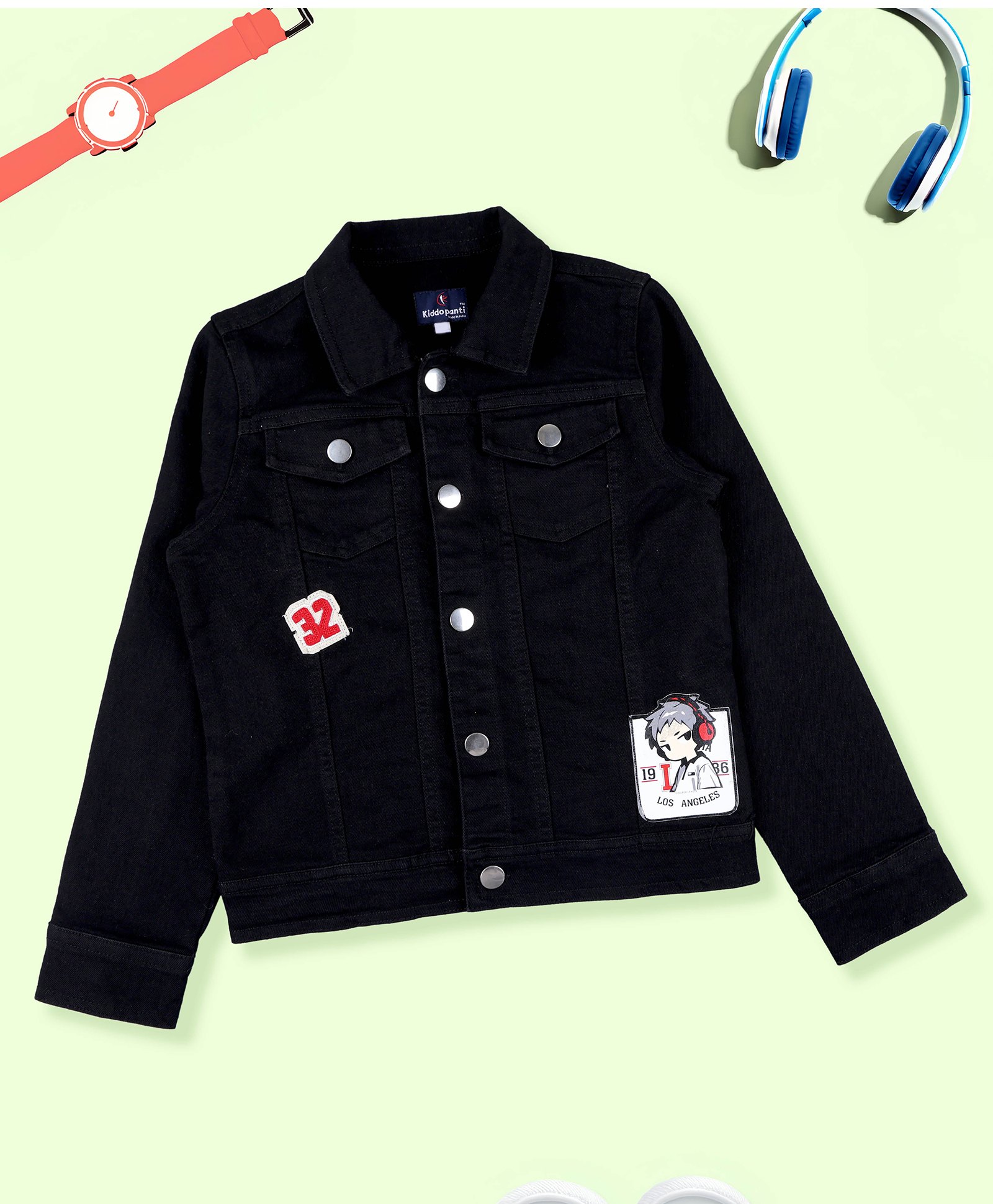Kiddopanti Denim Woven Full Sleeves Boy Patch Detailed Jacket - Black-picture-12