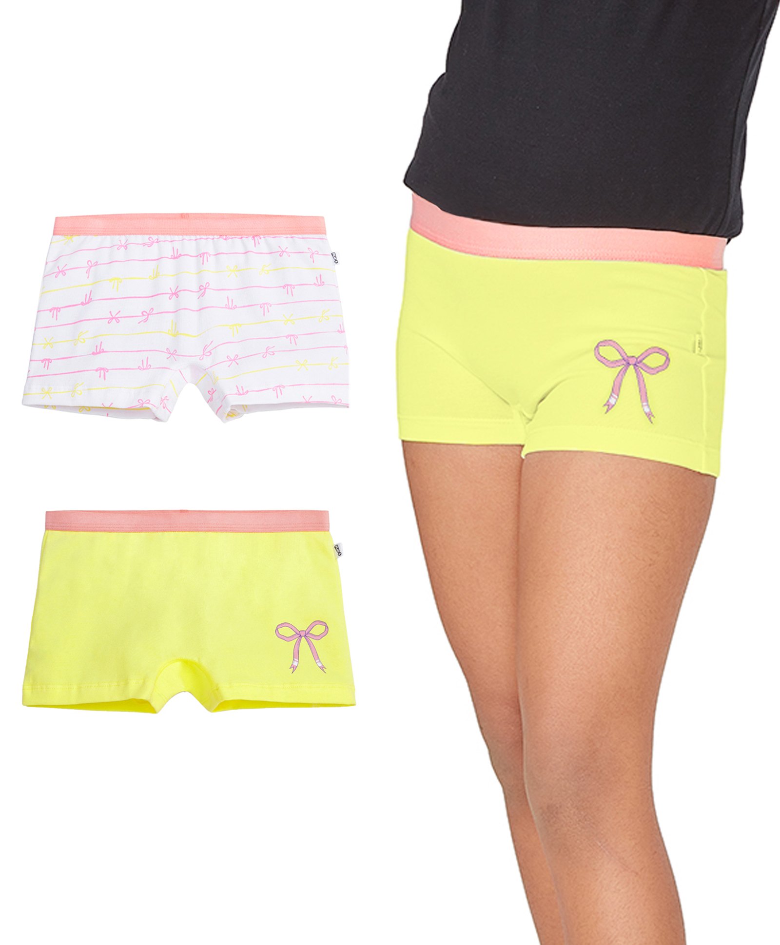 Plan B Cotton Knit Pack Of 2 Striped & Bows Printed Boy Shorts - White & Lemon-image-39
