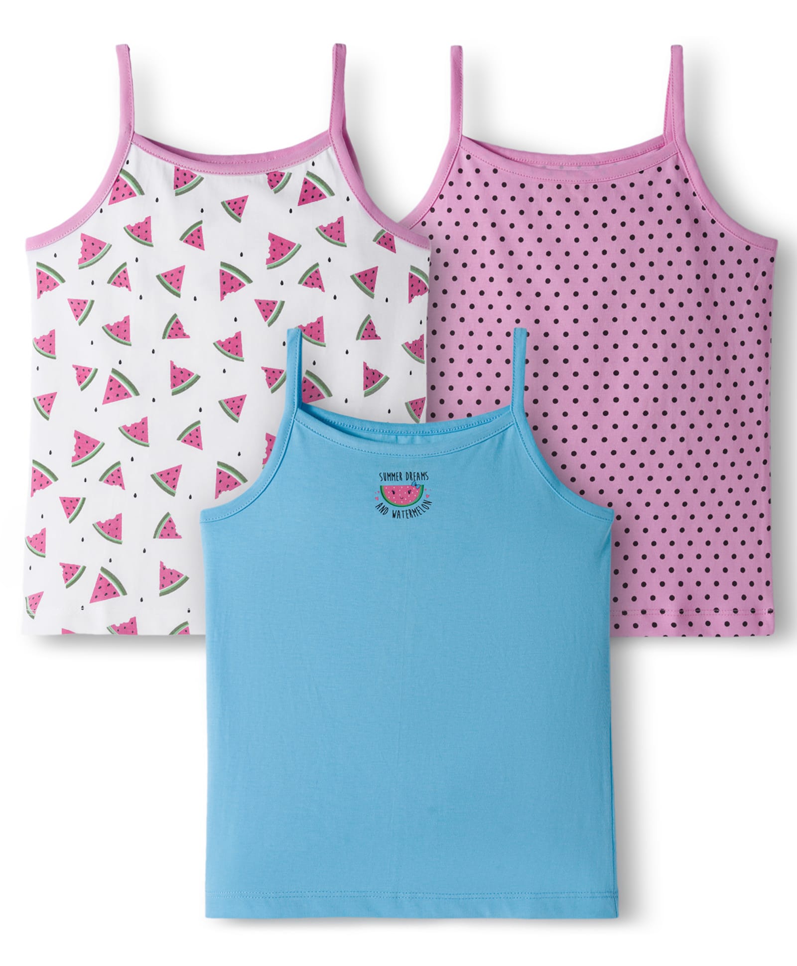 kookie kids india Kookie Kids Cotton Lycra Knit Sleeveless Slips with Polka Dots & Fruits Print Pack of 3 - Blue Pink & White-picture-28
