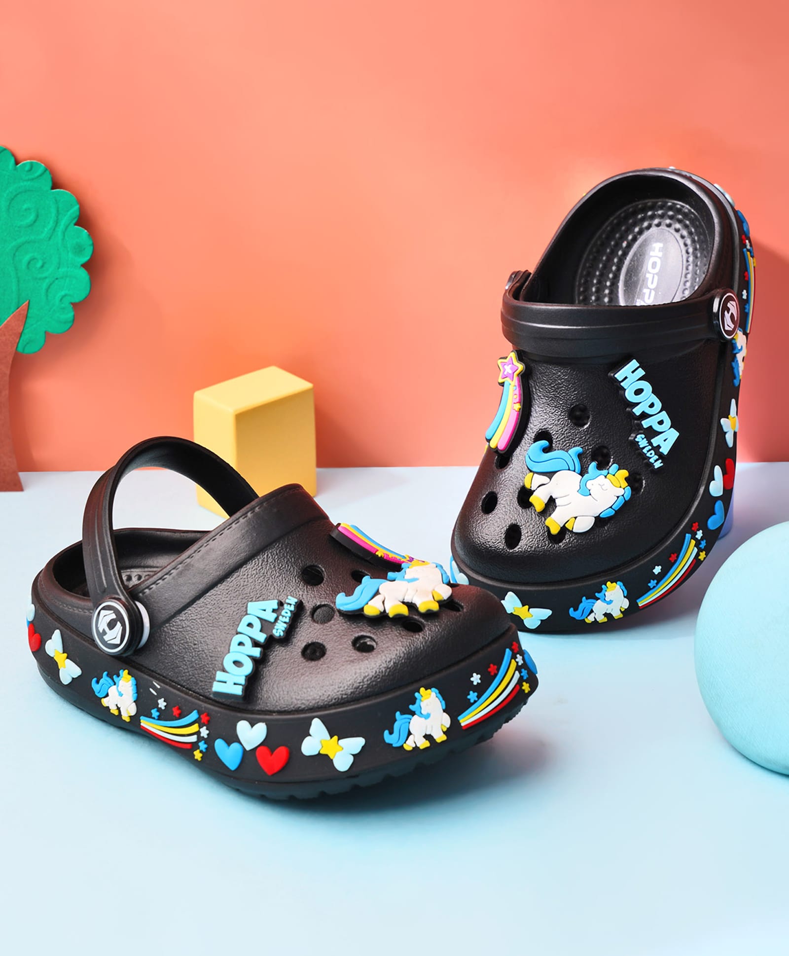 HOPPA SWEDEN Rainbow Designed Perforated Clogs With Unicorn Charms - Black-picture-21