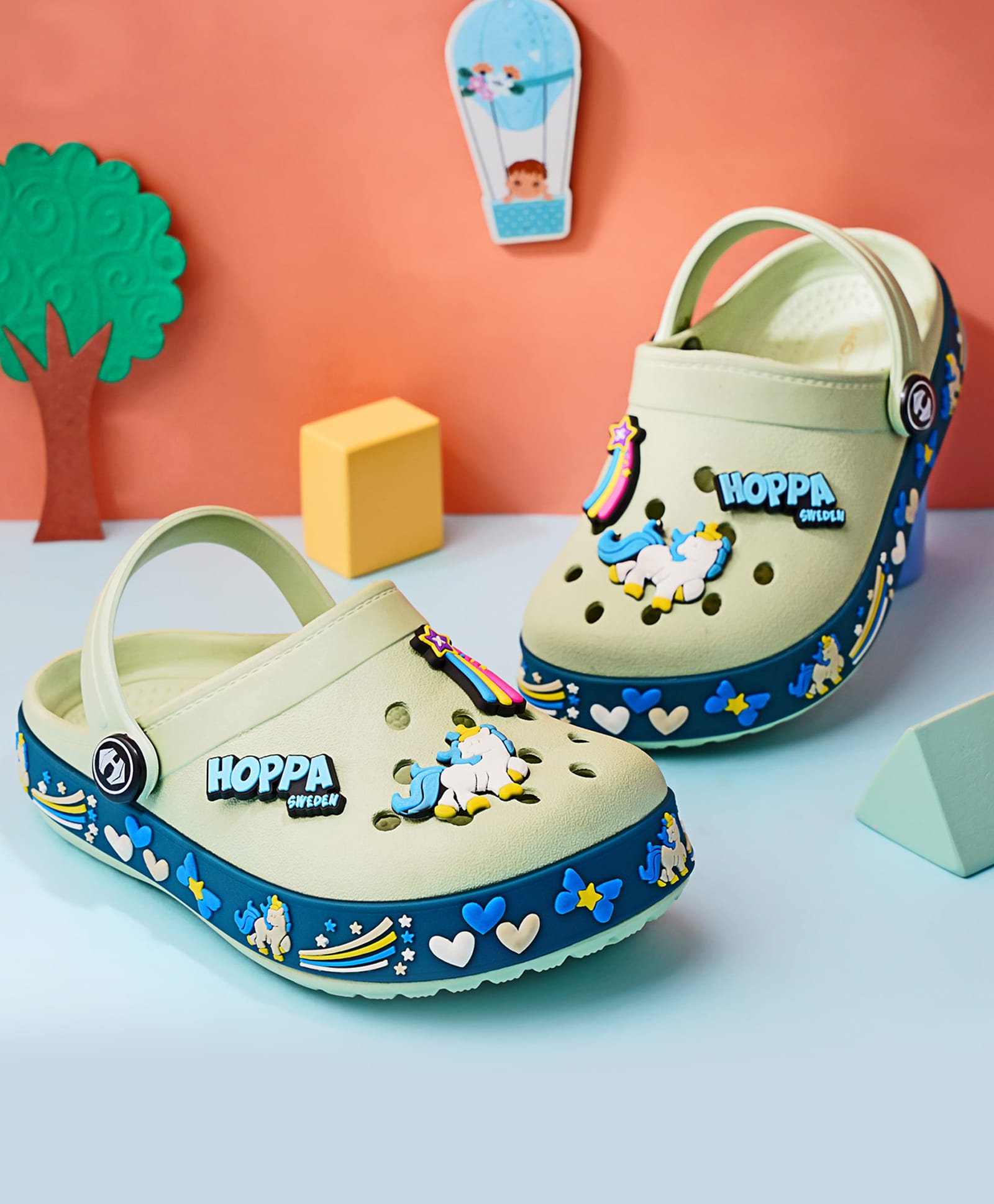 HOPPA SWEDEN Rainbow Designed Perforated Clogs With Unicorn Charms - Mint-picture-4