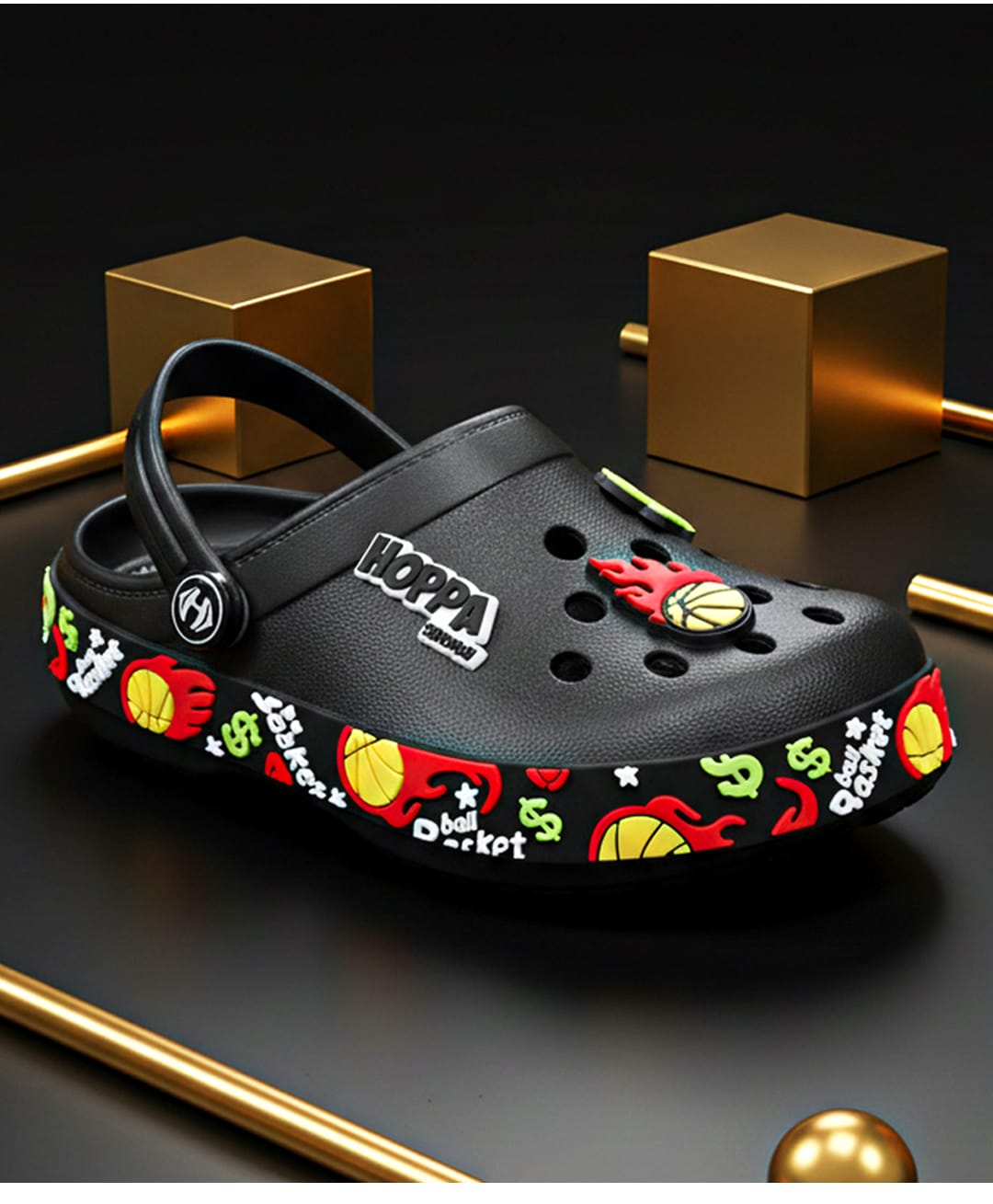 HOPPA SWEDEN Basketball Designed Perforated Clogs With Charms - Black-picture-24