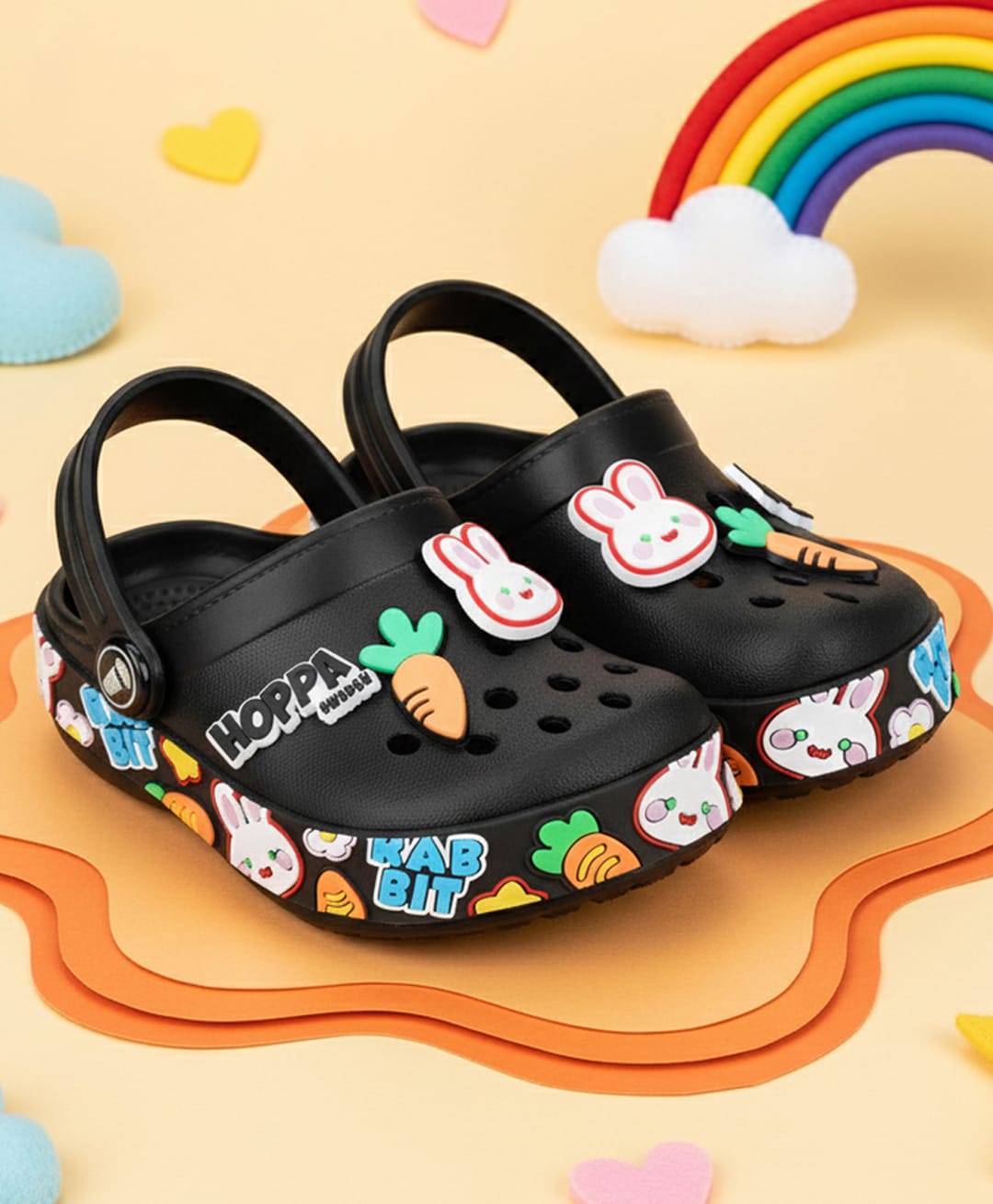 HOPPA SWEDEN Bunny Designed Perforated Clogs With Charms - Black-picture-0