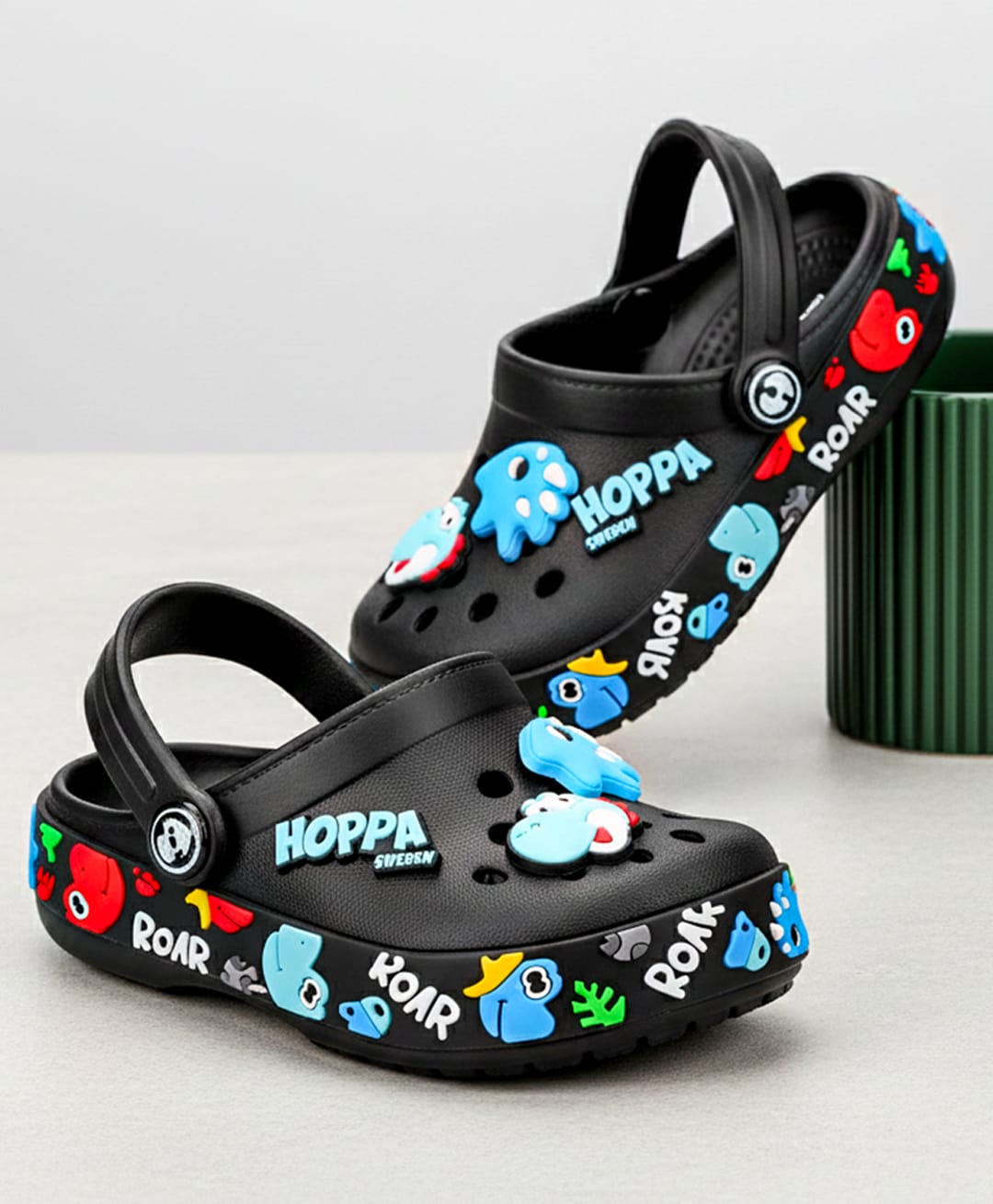 HOPPA SWEDEN Baby Dinosaurs Designed Perforated Clogs With Charms - Black-picture-36