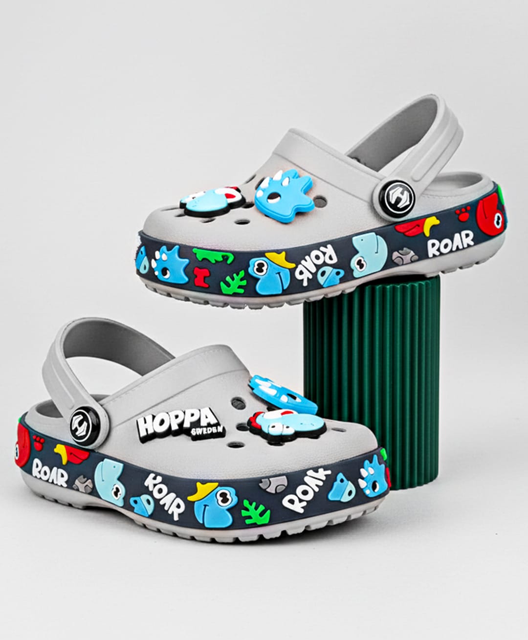HOPPA SWEDEN Baby Dinosaurs Designed Perforated Clogs With Charms - Ice Grey-picture-23