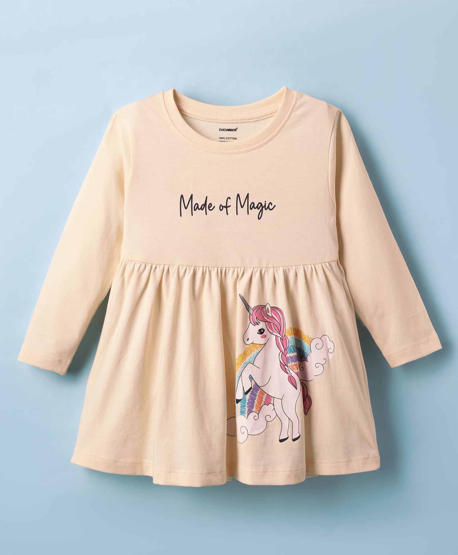 CUCUMBER Interlock Knit Full Sleeves Frock With Unicorn Print - Peach-picture-16