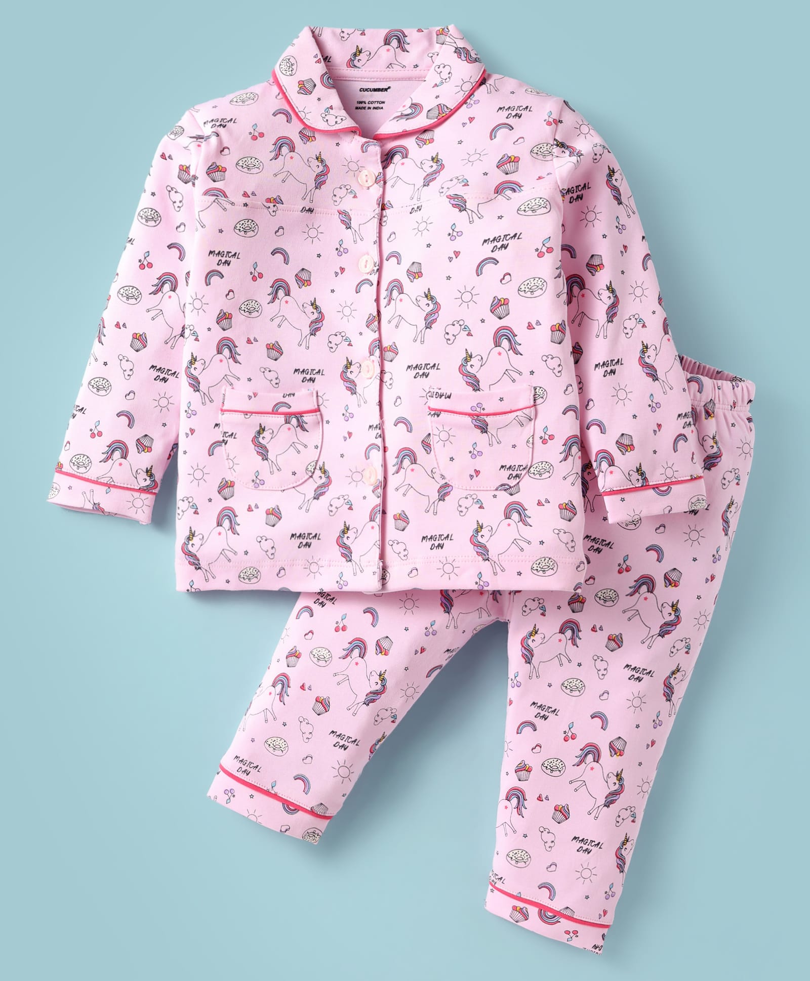 CUCUMBER Sinker Knit Full Sleeves Unicorn Printed Co-Ords Nightsuit - Light Pink-image-20