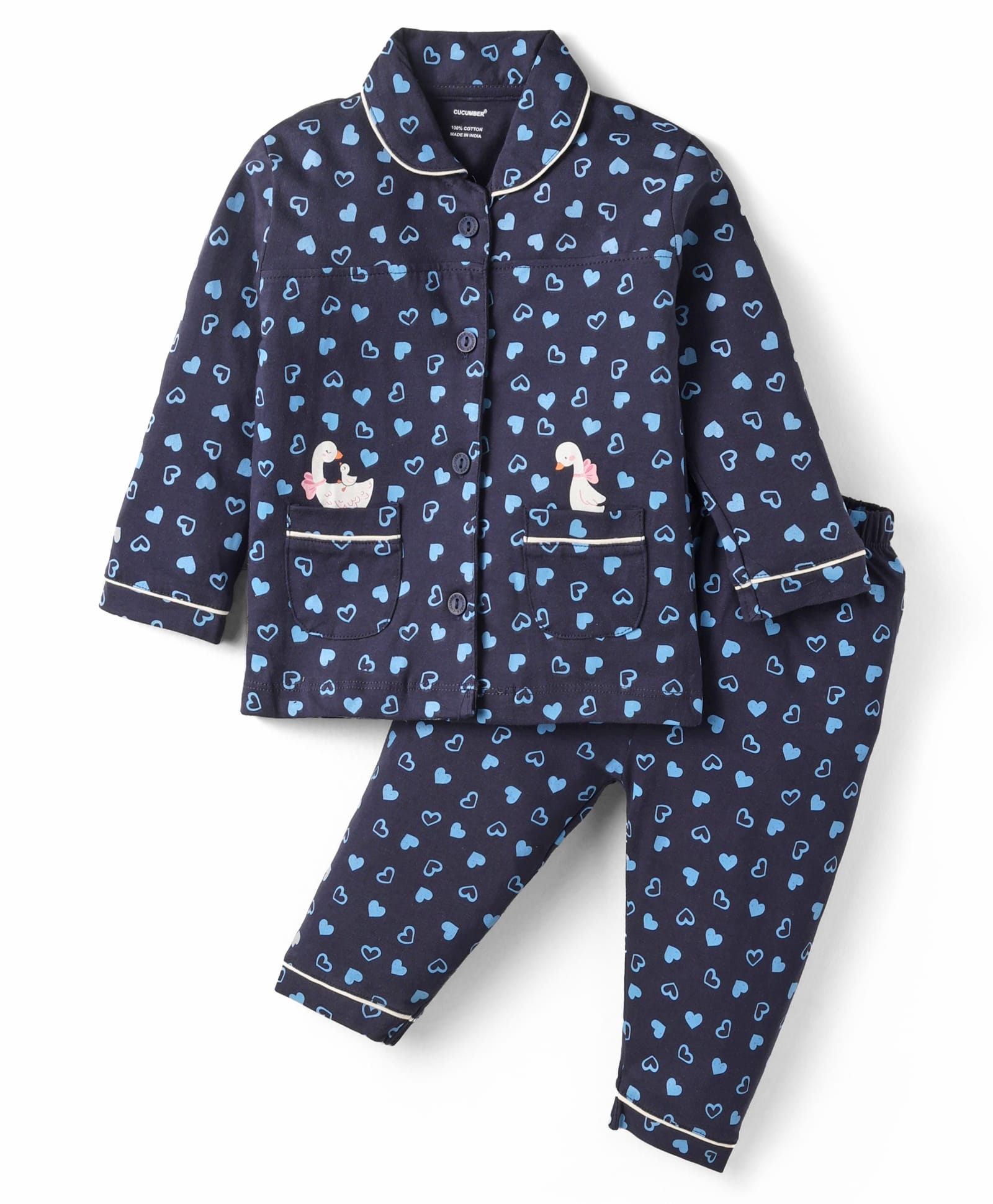 CUCUMBER Sinker Knit Full Sleeves Co-ord Night Suit with Heart Print- Navy Blue-image-21