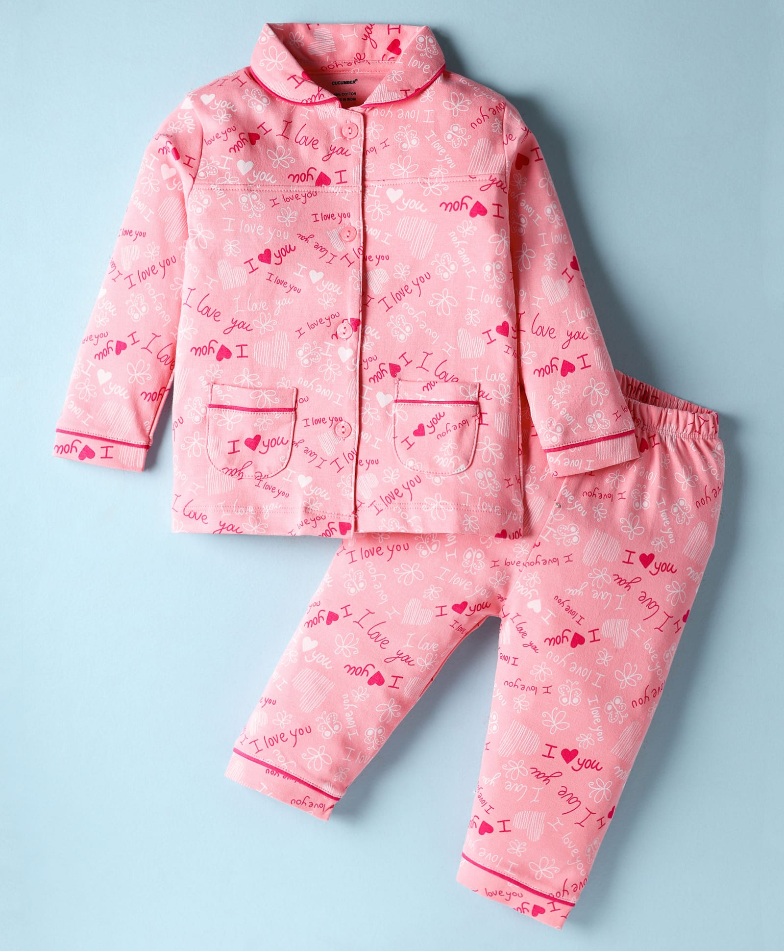 CUCUMBER Sinker Knit Full Length Co-ords Night Suit With Text Print - Pink-picture-32
