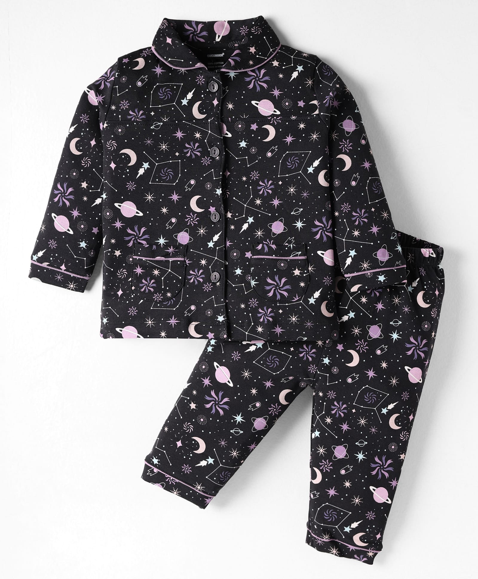 CUCUMBER Sinker Knit Full Sleeves Co-Ord Night Suit With Space Theme Print - Black-image-49
