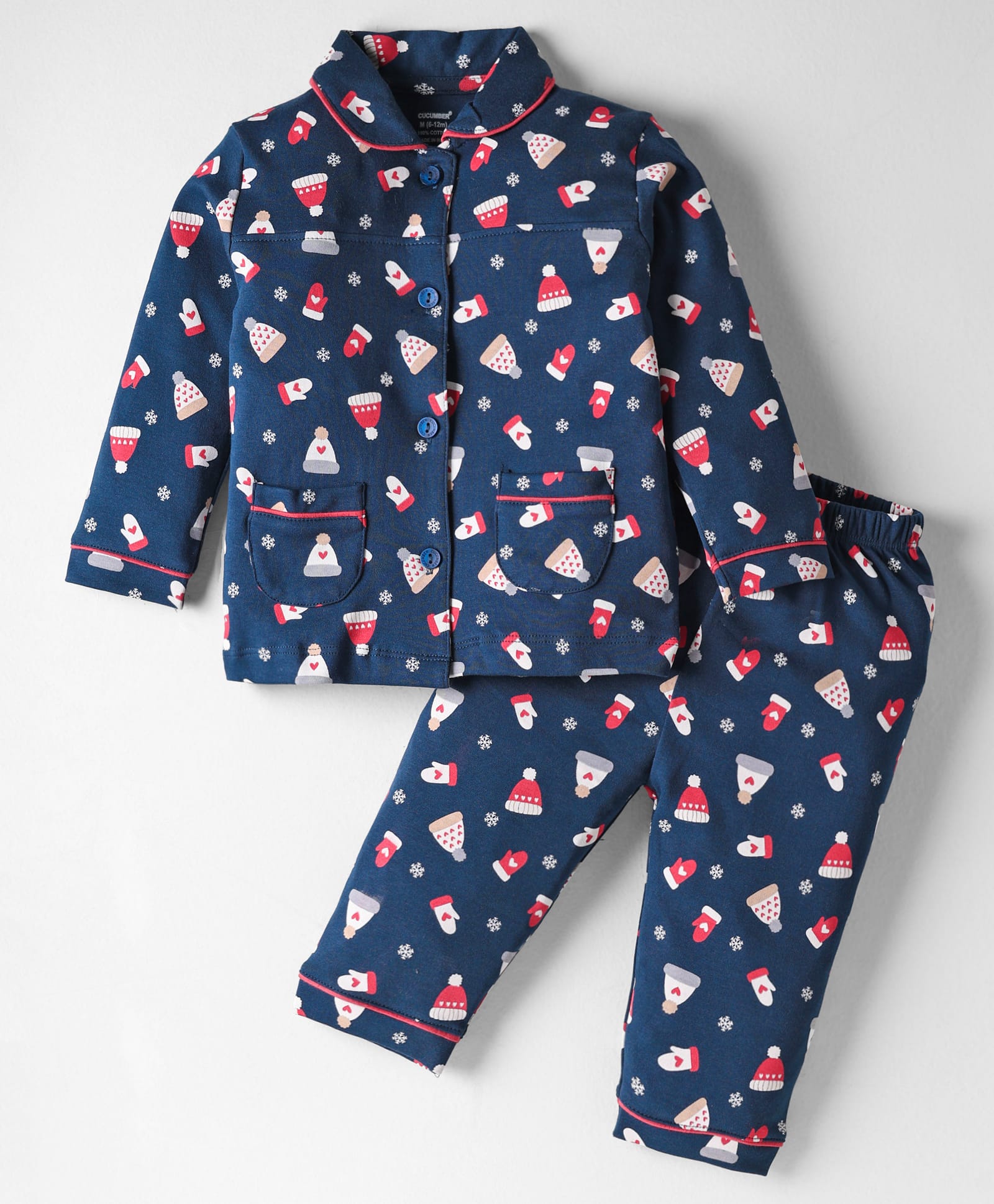 CUCUMBER Sinker Knit Full Sleeves Co-Ord Night Suit With Snow flake & Mitten Print - Navy Blue-image-47