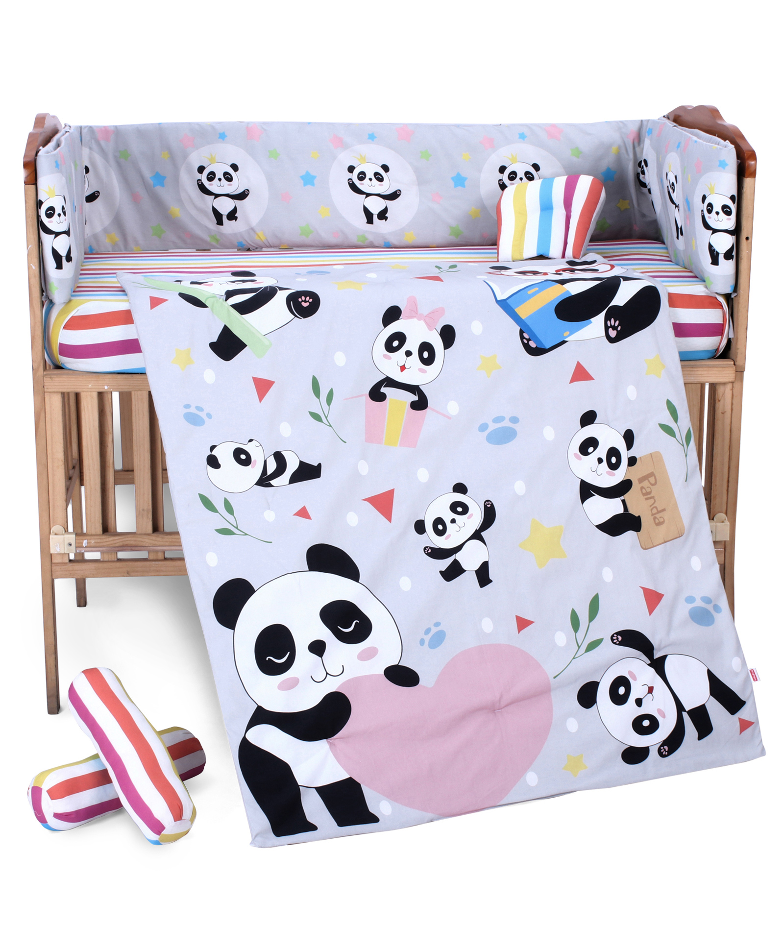 Babyhug 100% Cotton Crib Bedding Set Panda Print Regular - Grey (Cot not Included)| Quilt,Cot Bumper,U Shape Pillow, Crib Sheet, 2 Bolsters| Compact Fold & Storage| Soft & Breathable| Washable-image-39