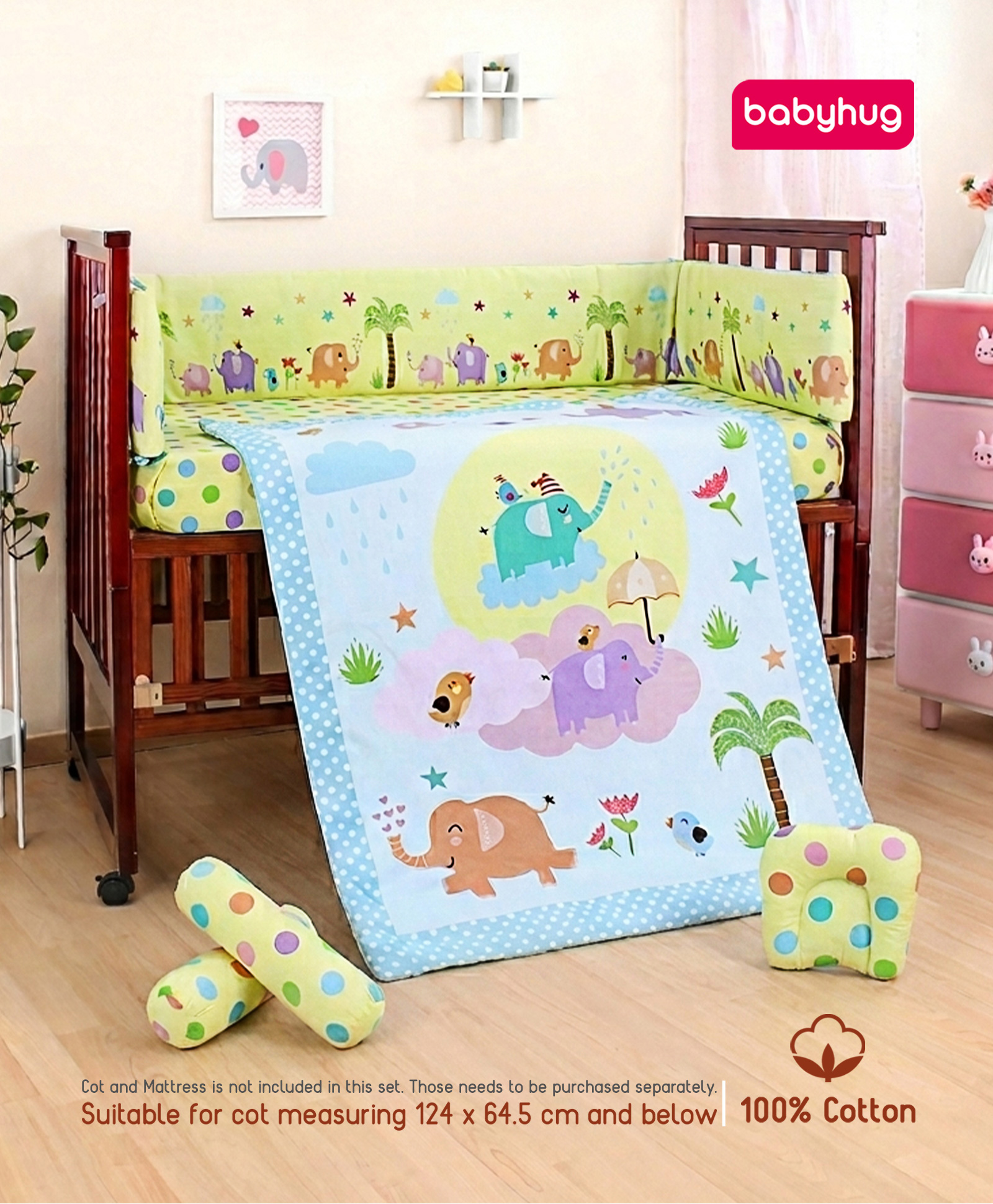 Babyhug 100% Cotton Crib Bedding Set Elephant Print Regular - Multicolor(Cot not Included)| Quilt,Cot Bumper,U Shape Pillow, Crib Sheet, 2 Bolsters| Compact Fold & Storage| Soft & Breathable| Washable-image-42