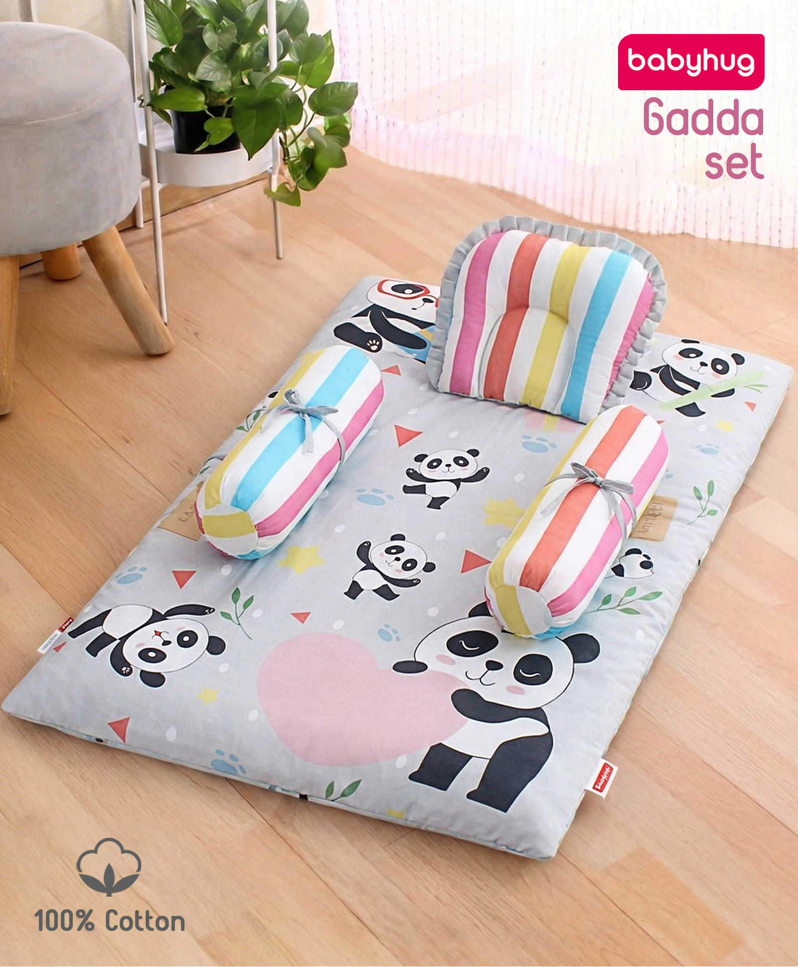 Babyhug 100% Cotton Bedding Set Panda Theme - Grey| Soft Breathable Cotton Fabric| U Shaped Pillow, Bolsters, Mattress| Washable-image-33
