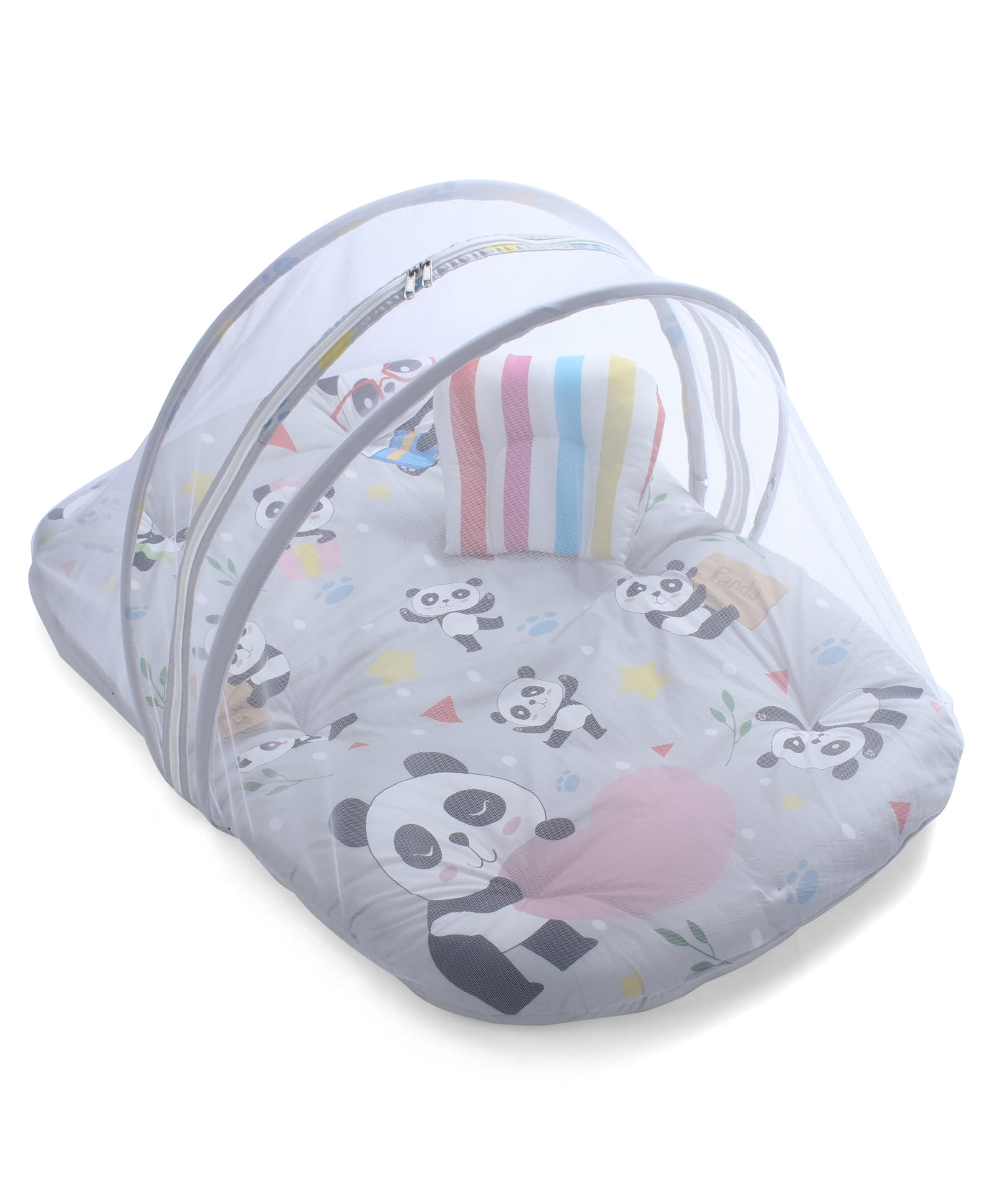 Babyhug Cotton Mosquito Net With Mattress Panda Print - Grey| Soft and Comfortable| Easy Access| Foldable & Travel Friendly| New Born Gifting Option| Use on Floor Cribs Cots or Cradle-image-1