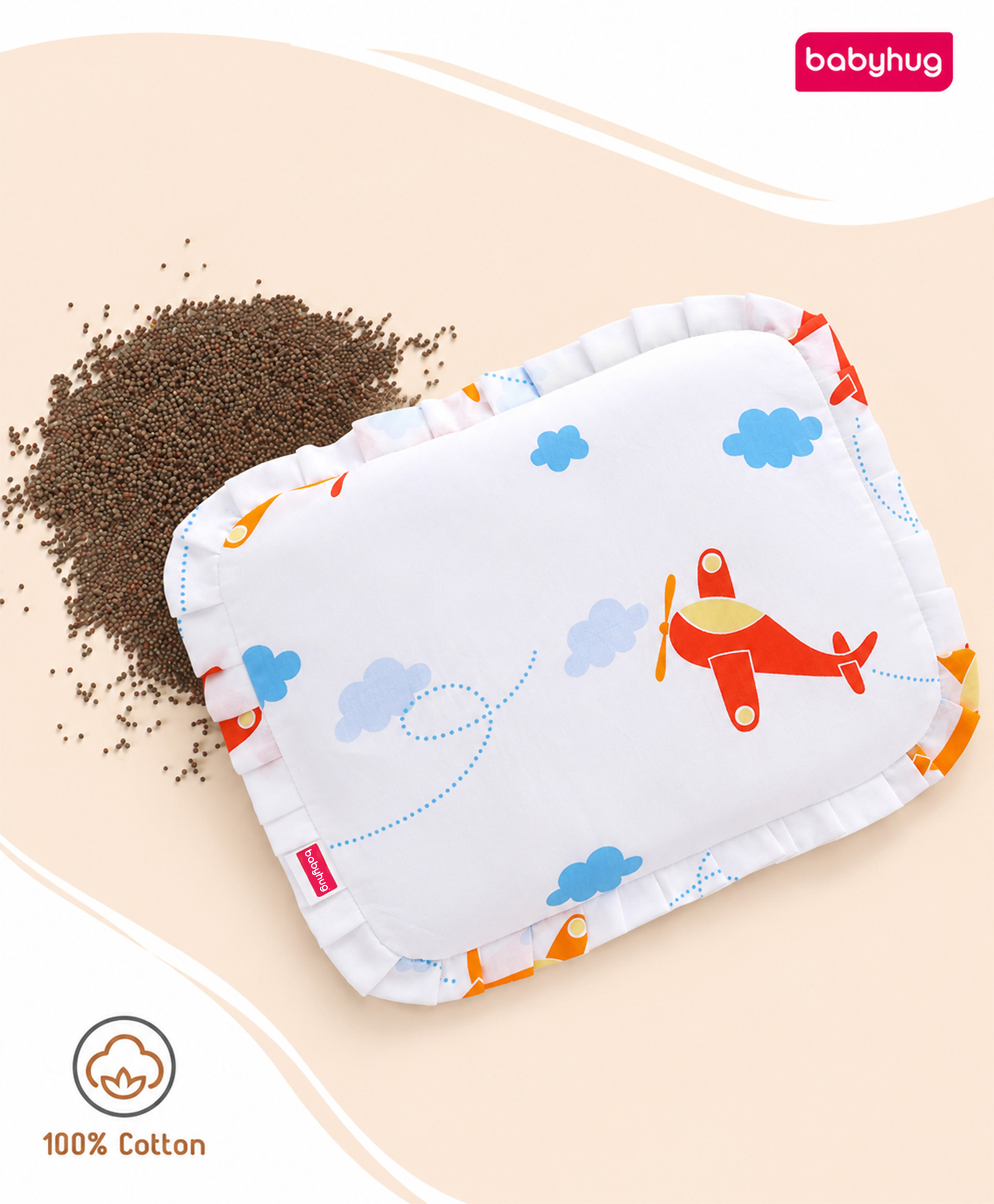 Babyhug Head Shaping Mustard Seed Pillow Aeroplane Print - White| 1 Kg Natural Rai| Cotton Removable Cover| Natural Warming Property|Prevents Cold & Flat Head Syndrome| NewBorn Neck & Shoulder Support-image-40