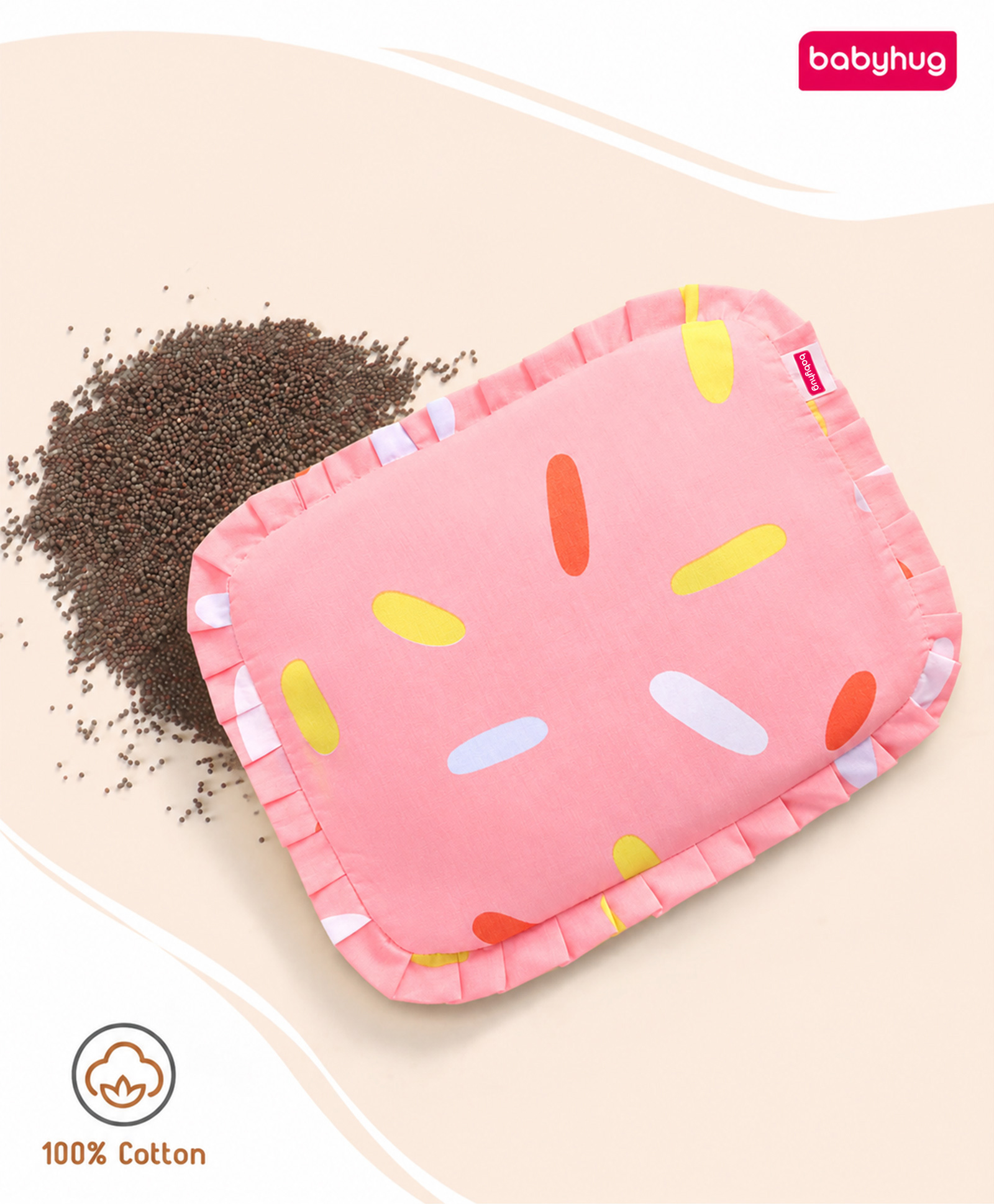 Babyhug Head Shaping Mustard Seed Pillow Party Print - Pink| 1 Kg Natural Rai| Cotton Removable Cover| Natural Warming Property|Prevents Cold & Flat Head Syndrome| NewBorn Neck & Shoulder Support-image-7
