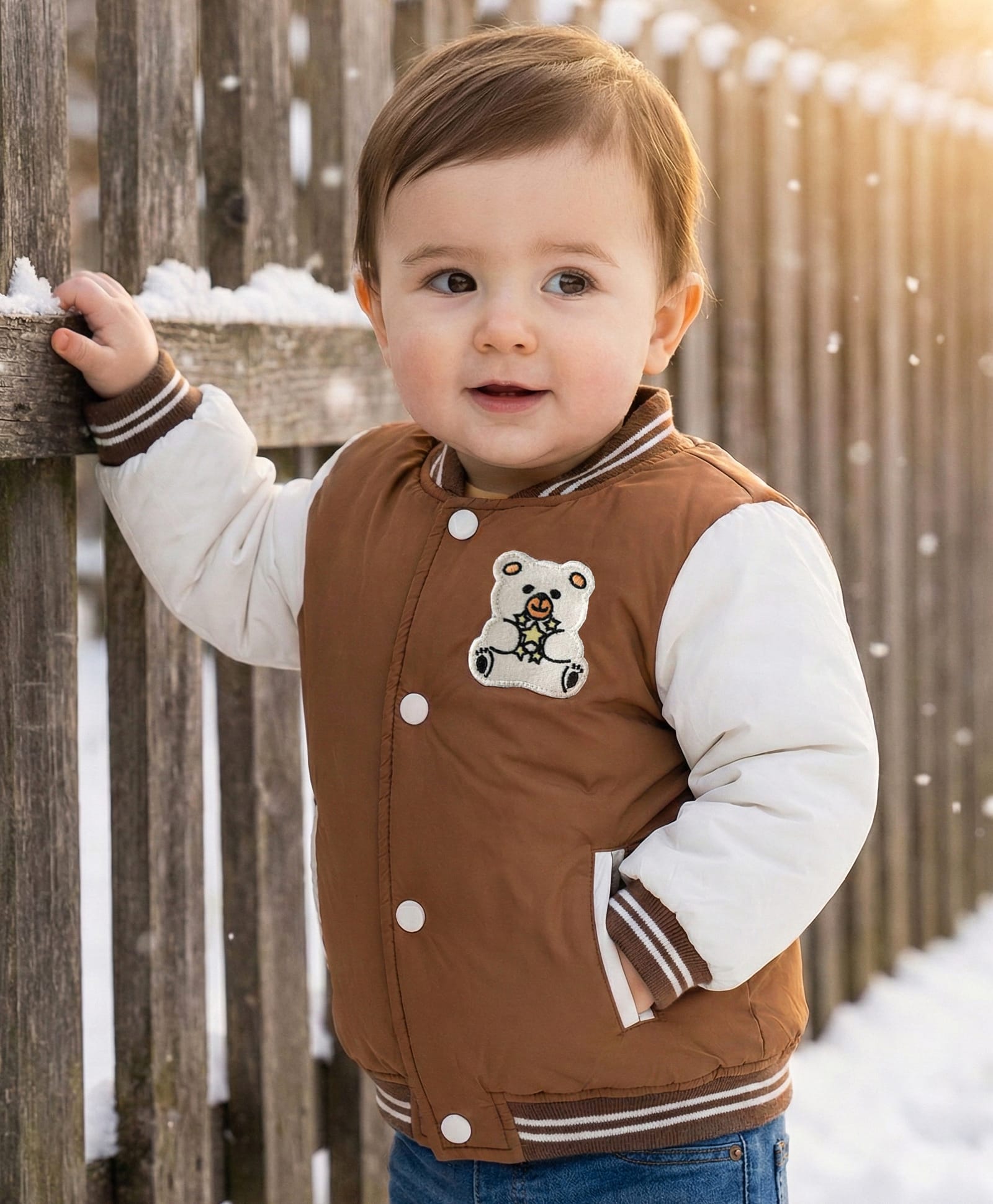 Babyoye Woven Full Sleeves Bomber Jacket With Teddy Embroidery - Brown-image-43