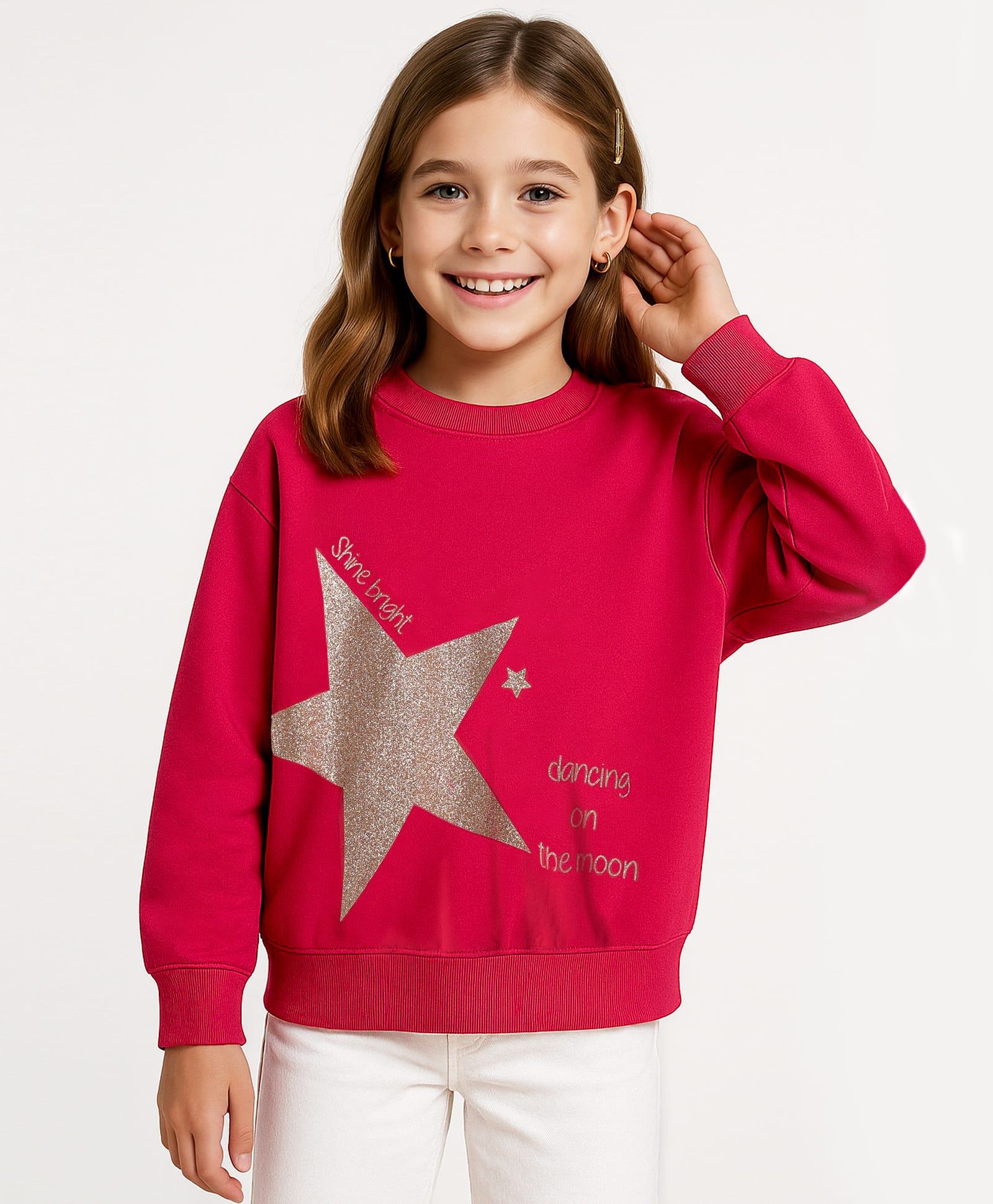 Arias Looper Knit Full Sleeves Sweatshirt with Star Glitter Print - Red-image-24