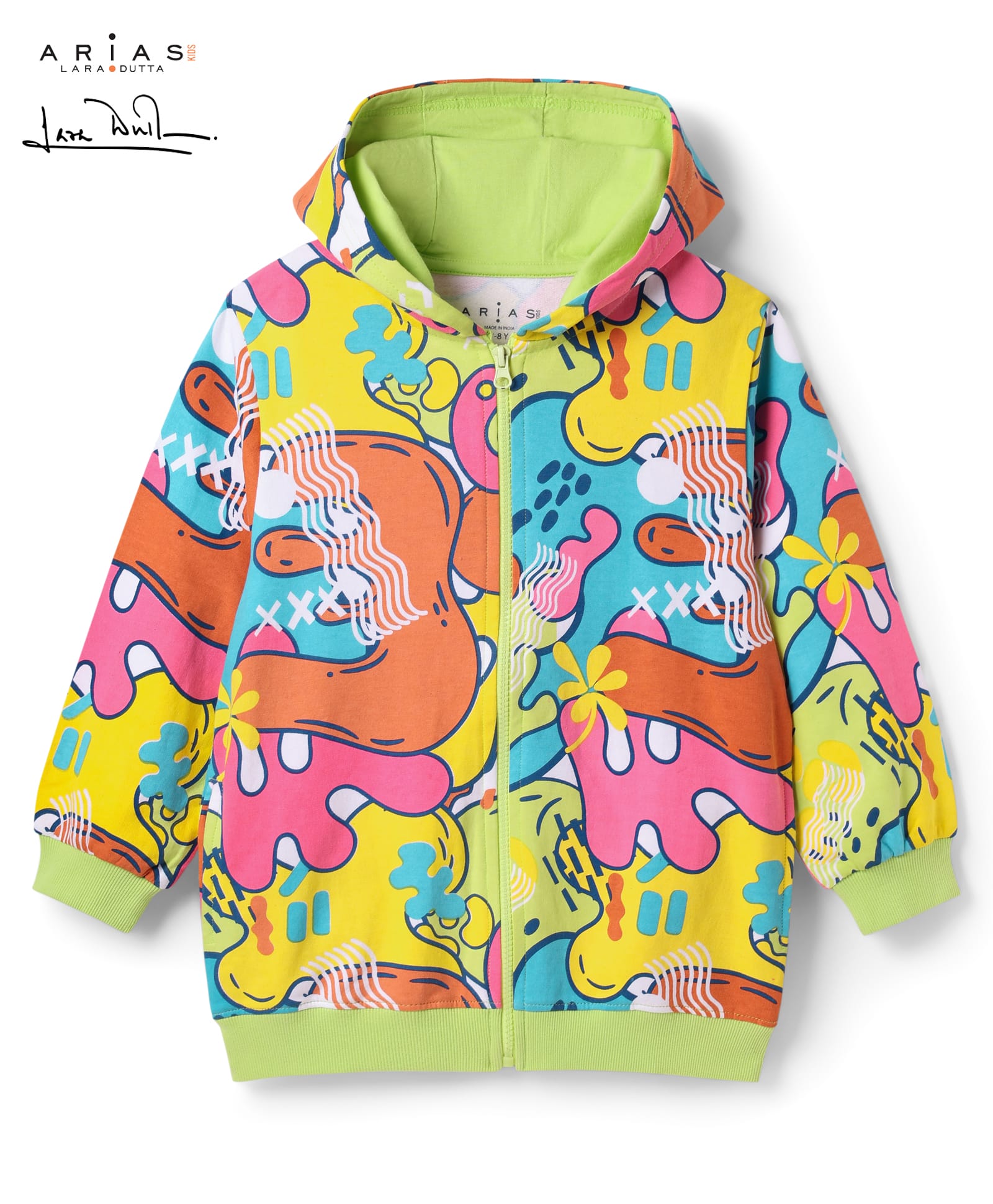 arias by lara dutta Arias Cotton Terry Knit Full Sleeves Front Open Hooded Sweatjacket With Abstract Print - Neon Green-picture-14