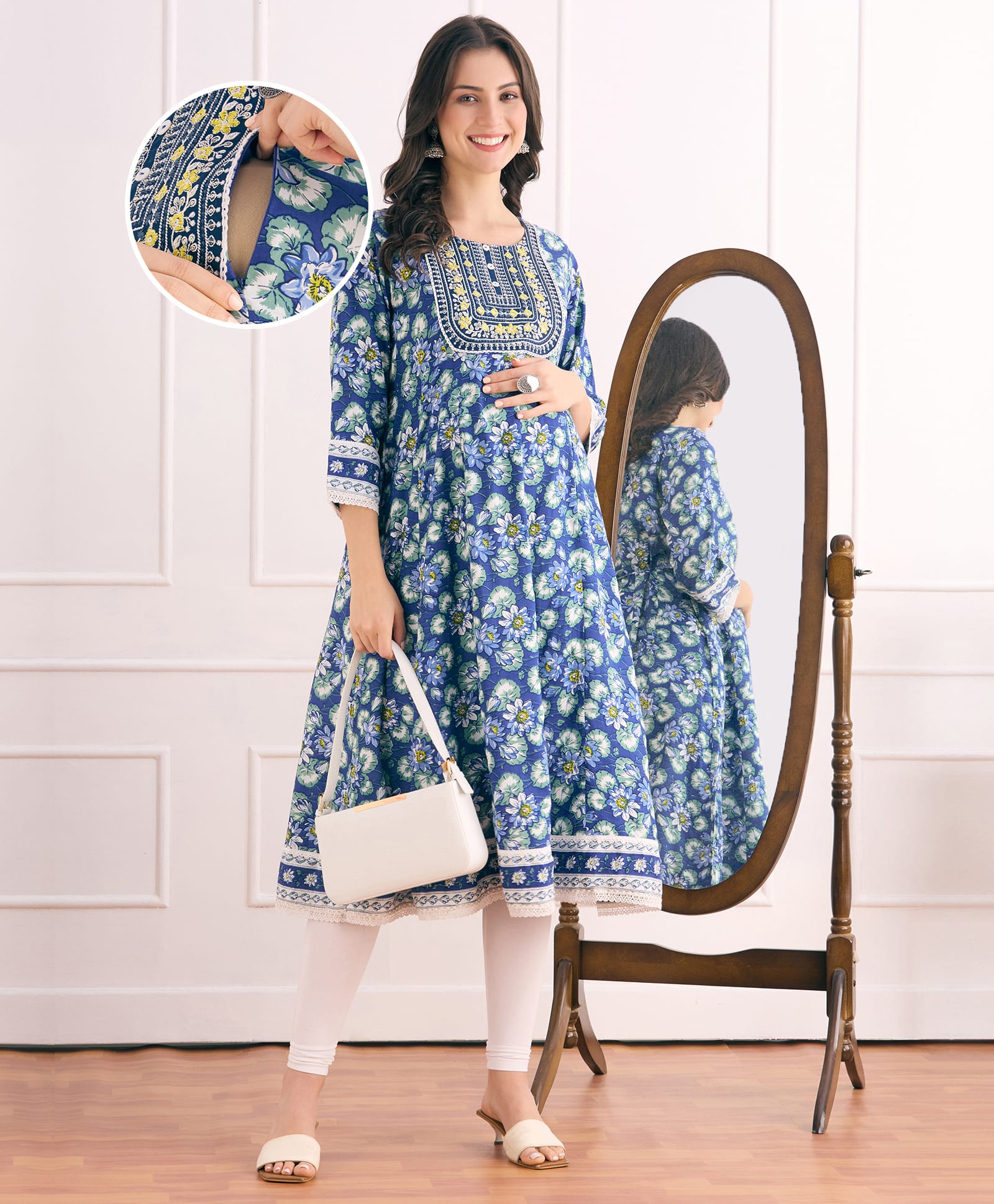 Bella Mama Viscose Woven Three Fourth Sleeves Ethnic Maternity Kurta with Yoke Embroidery & Floral Print - Blue