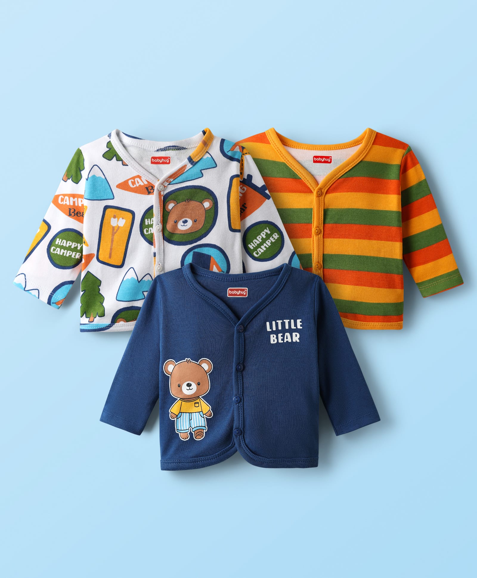 Babyhug 100% Cotton Knit Full Sleeves Antibacterial Front Open Jhablas With Stripes & Teddy Bear Print Pack of 3 - Navy Blue Orange & White-picture-11