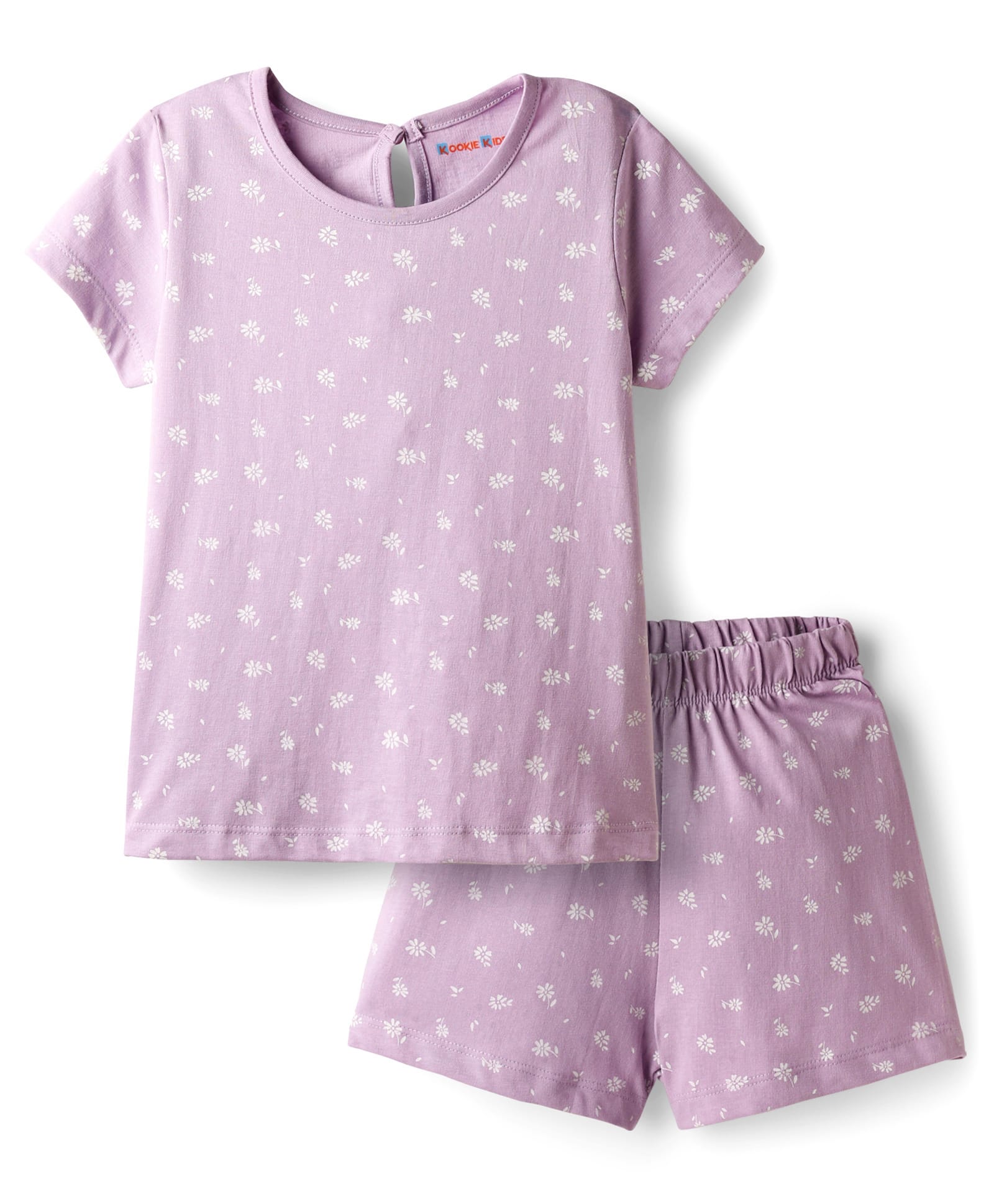 kookie kids india Kookie Kids Single Jersey Knit Half Sleeves Shorts Night Suit With Floral Print - Lavender-picture-39
