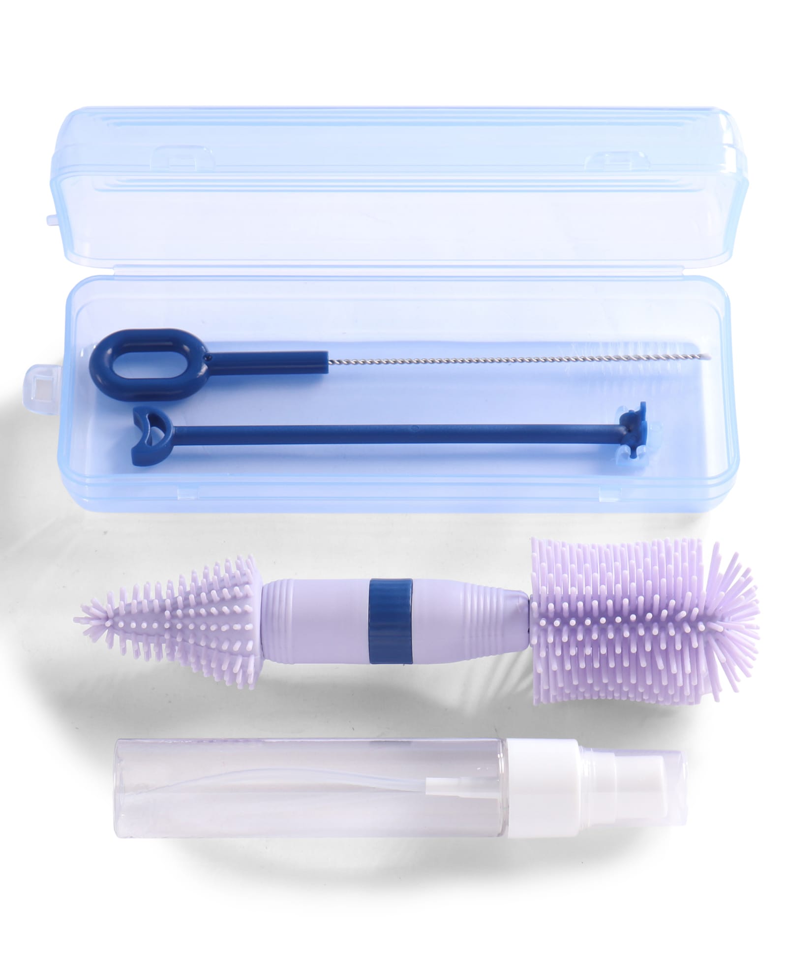 5 In 1 Portable Cleaning Brush With Case-Blue| Bottle & Nipple Cleaning Brush| Straw Brush| Handy Spray Can for Cleaning Solution| Travel Kit