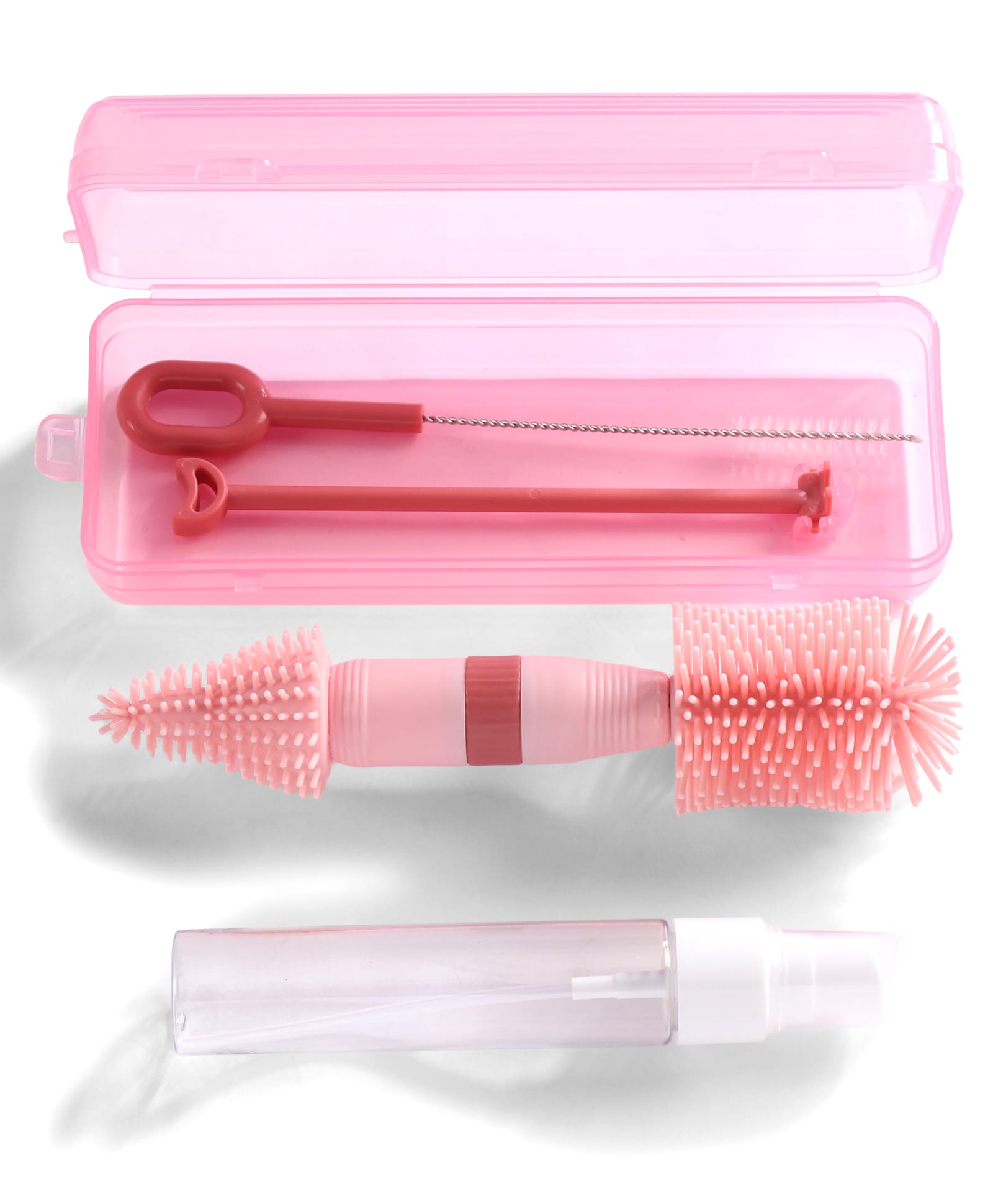 5 In 1 Portable Cleaning Brush With Case-Pink| Bottle & Nipple Cleaning Brush| Straw Brush| Handy Spray Can for Cleaning Solution| Travel Kit