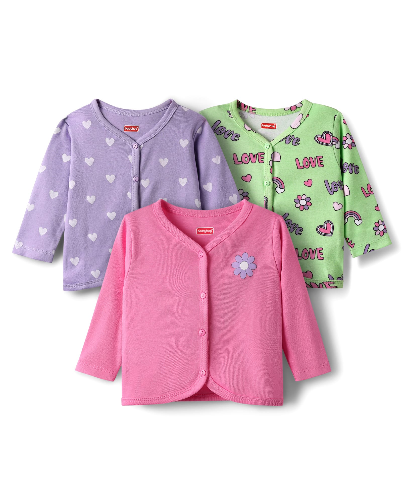 Babyhug 100% Cotton Interlock Knit Full Sleeves Antibacterial Front Open Jhablas with Heart & Floral Print Pack of 3 - Pink Lilac& Light Green-picture-23