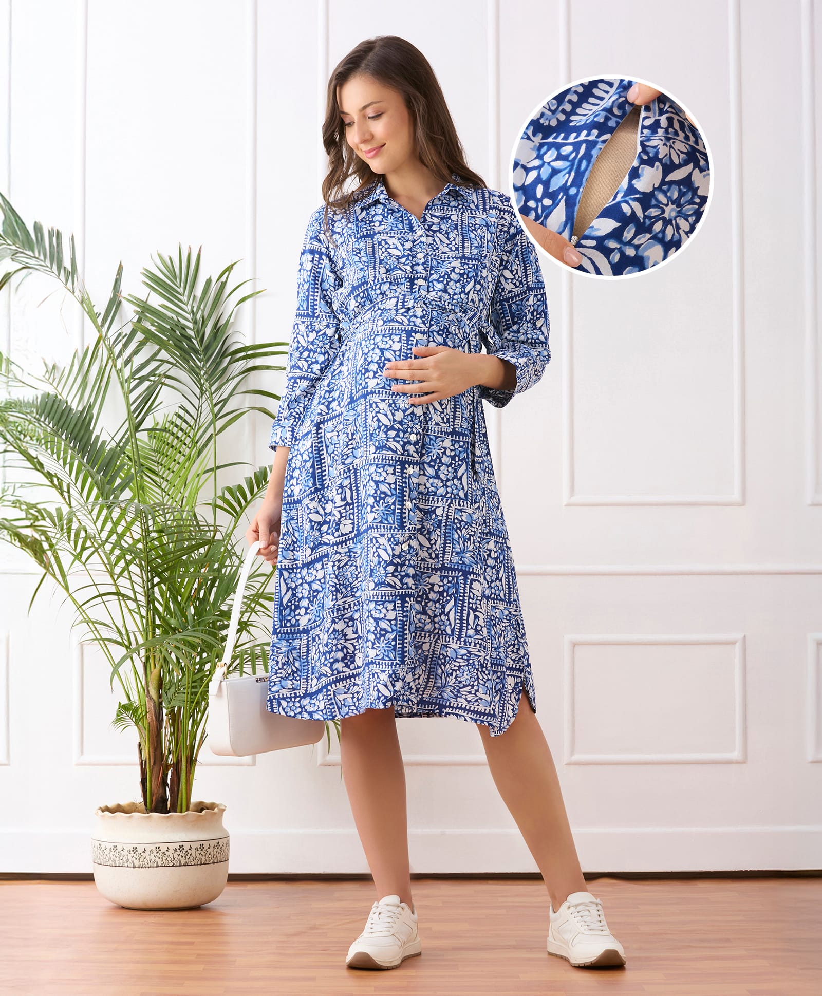 Bella Mama Woven Three Fourth Sleeves Maternity Shirt Dress With Floral Print - Blue-image-32