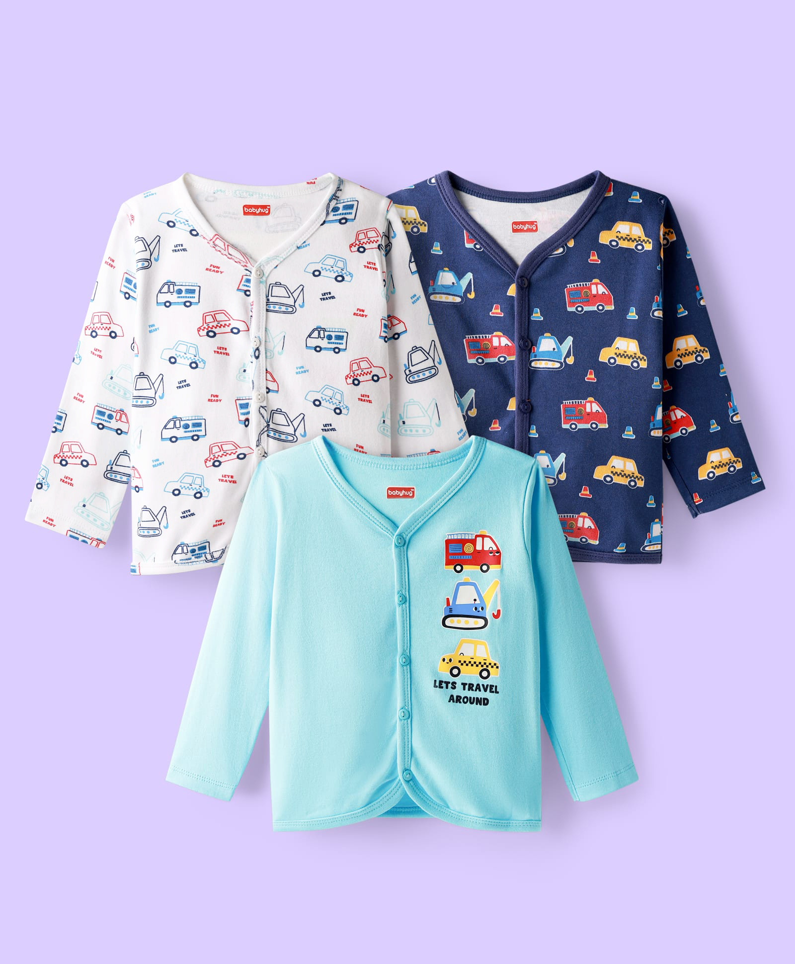 Babyhug 100% Cotton Knit Full Sleeves Antibacterial Front Open jhabla with Vehicle Print Pack of 3 - Blue & White-picture-18