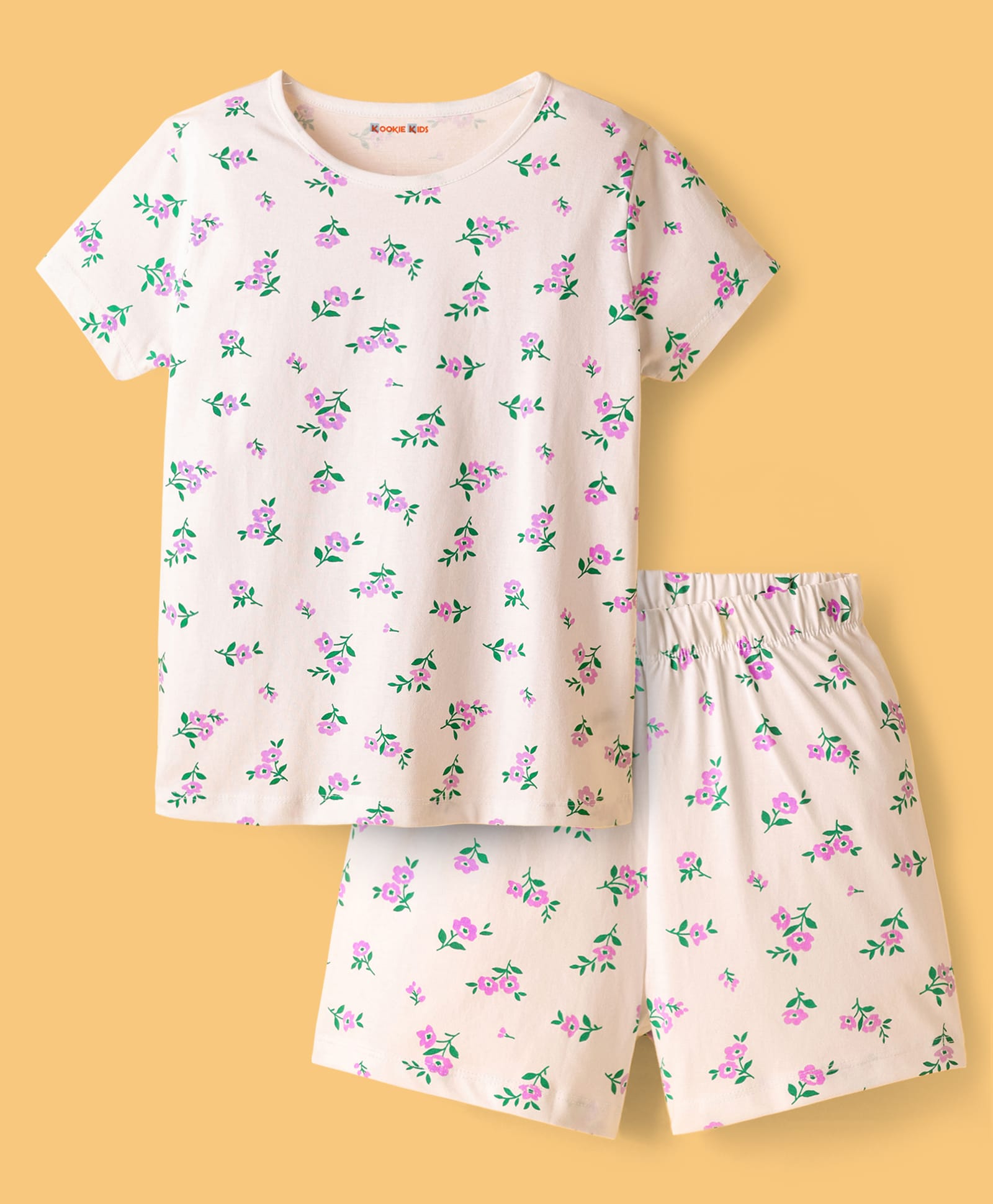 kookie kids india Kookie Kids 100% Cotton Half Sleeves Floral Printed Co-Ord Shorts Night Suit - White-picture-13