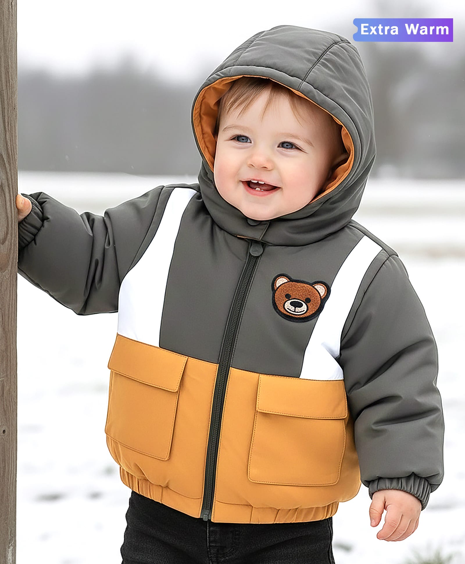 Babyoye Woven Full Sleeves Hooded Padded Jacket With Bear Patch & Pockets - Grey & Yellow-picture-15