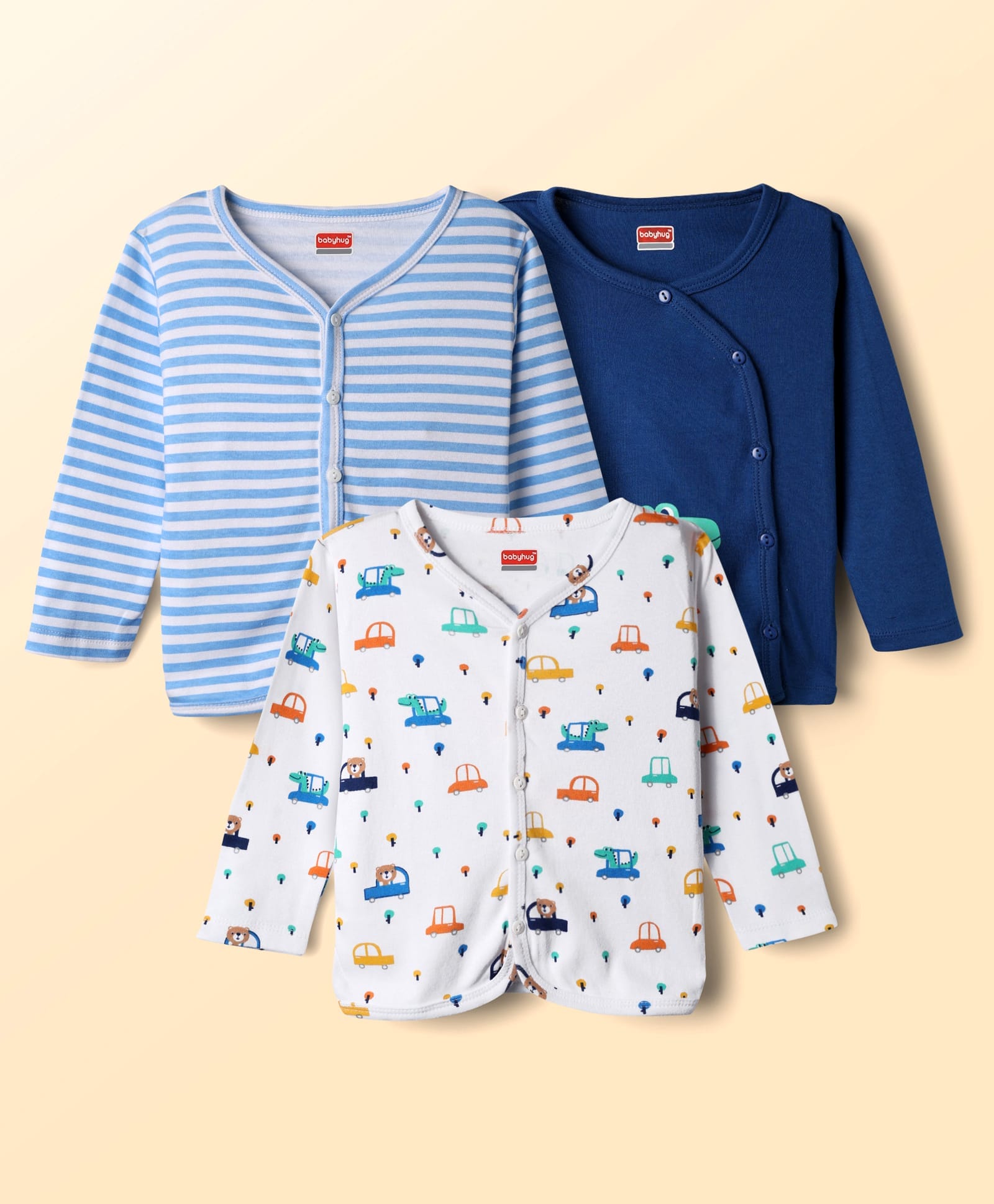 Babyhug 100% Cotton Knit Antibacterial Full Sleeves Front Open Vest with Stripes & Vehicle Print Pack of 3 - Navy Blue & White