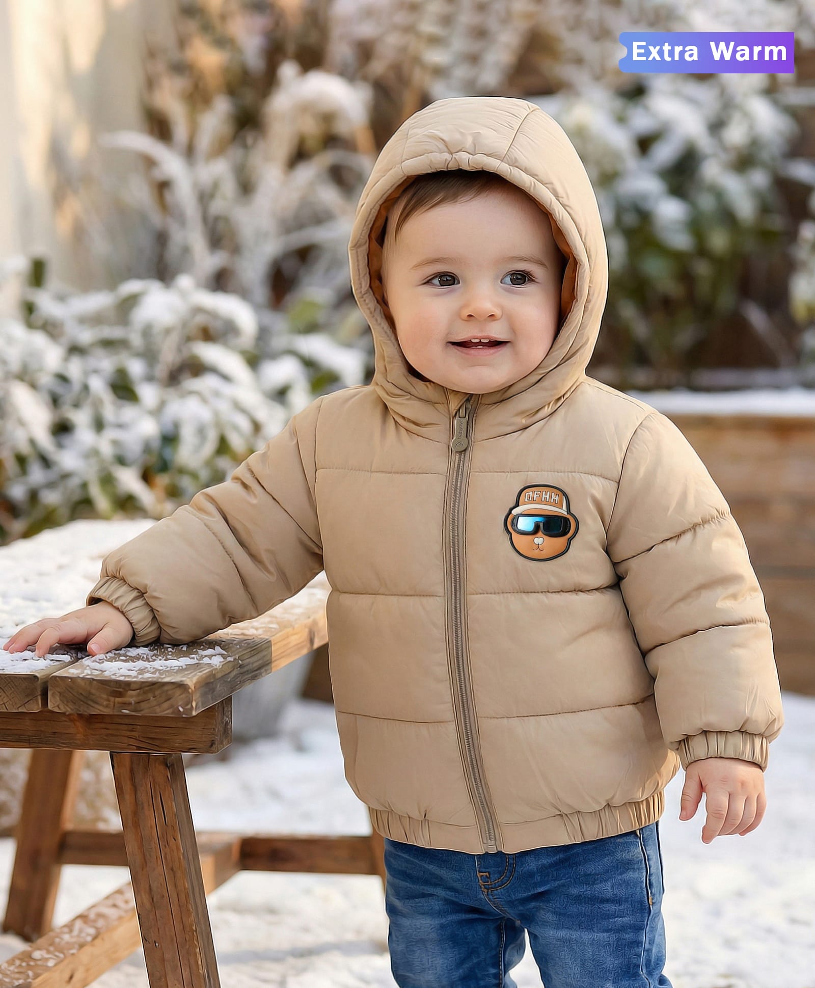 Babyoye Woven Full Sleeves Padded Hooded Jacket With Patch - Light Brown-image-19