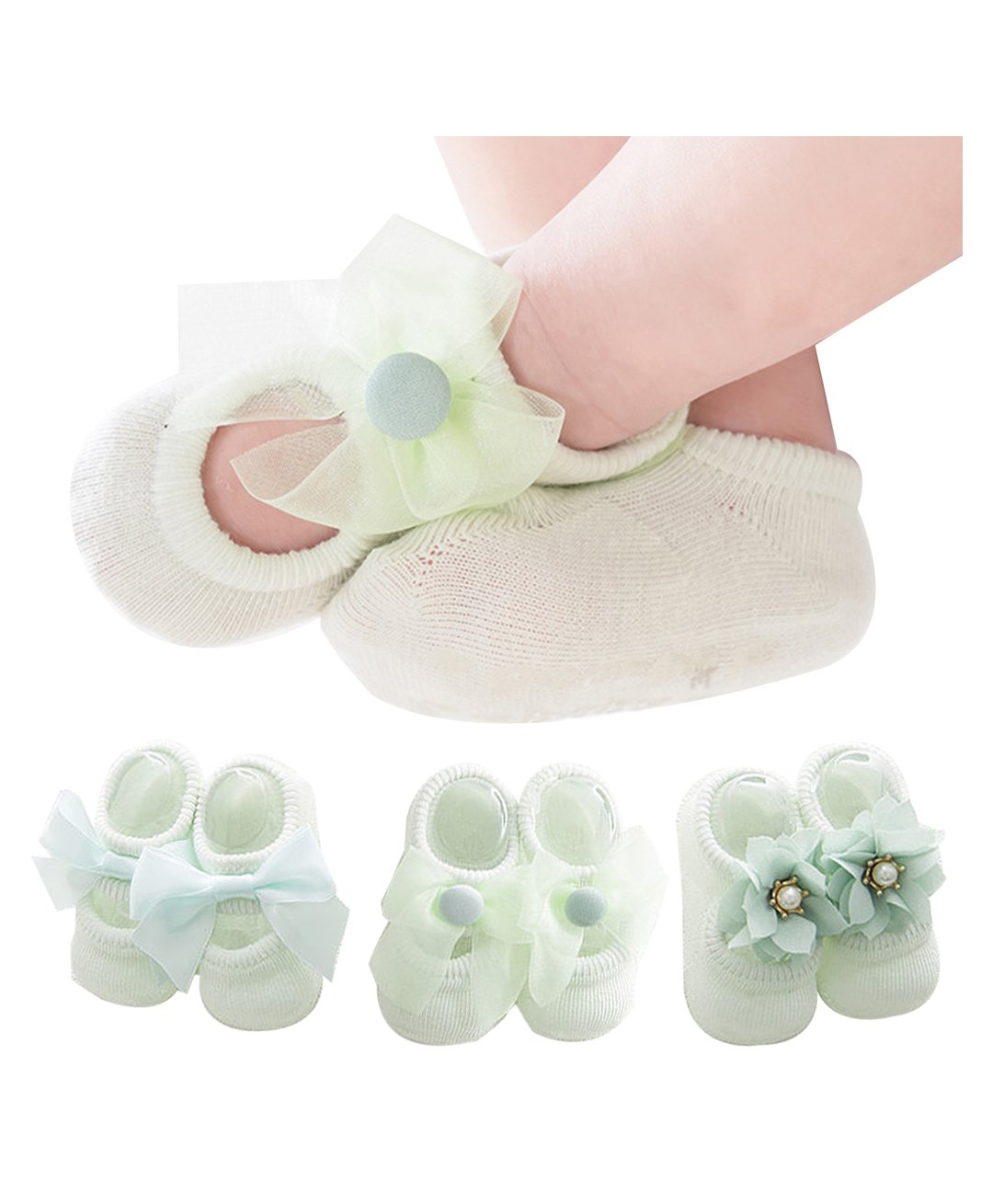 Babymoon Set of 3 Floral & Bow Applique Detailed Socks - Green-image-46