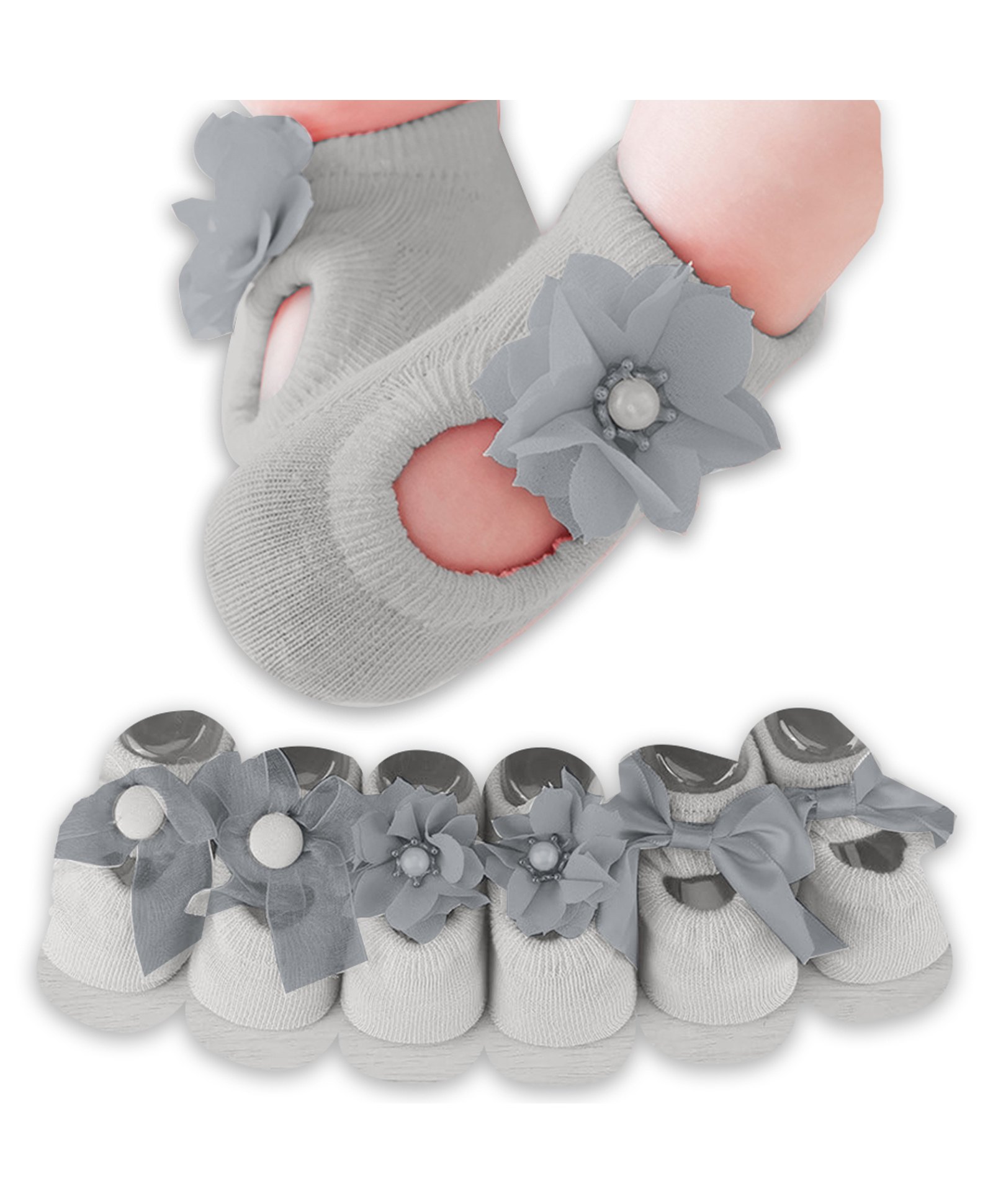 Babymoon Set of 3 Floral & Bow Applique Detailed Socks - Grey-picture-23