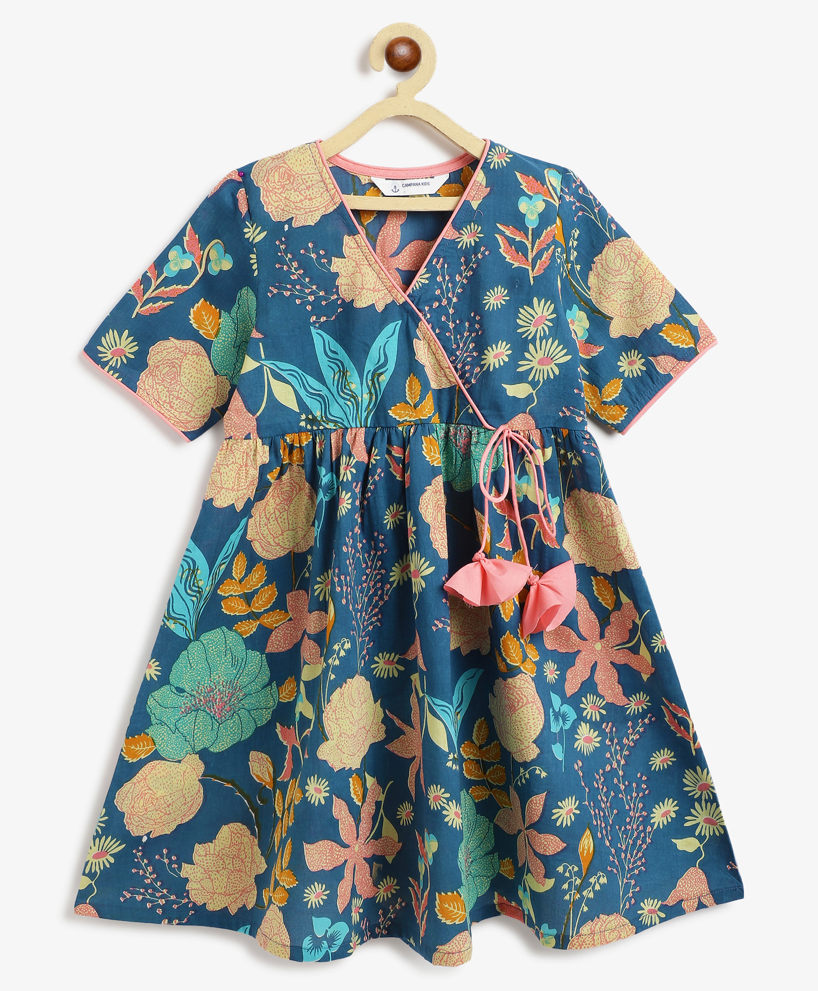 Campana 100% Cotton Woven Half Sleeves Floral Printed Kurta - Ocean Blue & Pink-picture-16