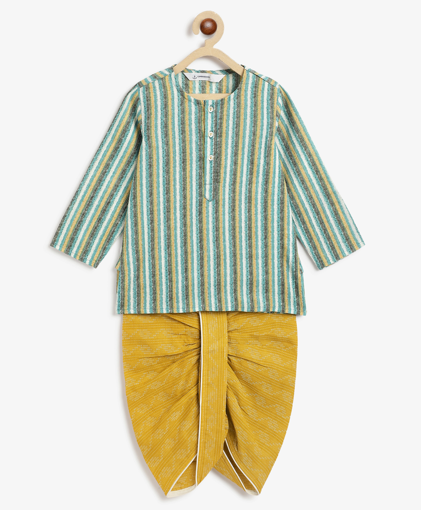 Campana 100% Cotton Woven Full Sleeves Striped Kurta & Dhoti Set - Aqua Blue & Mustard-picture-32