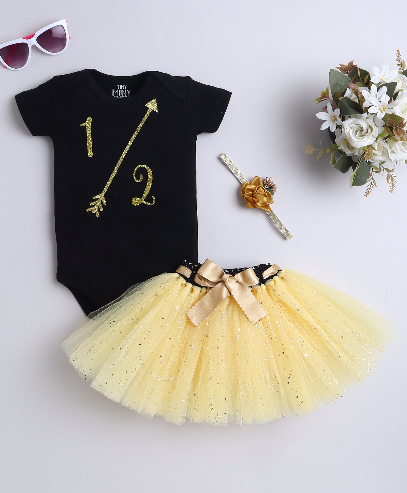 TINY MINY MEE Elastane Woven Half Sleeves Arrow Foil Printed Onesie With Shimmered Tutu Skirt & Headband - Multi Colour-picture-19
