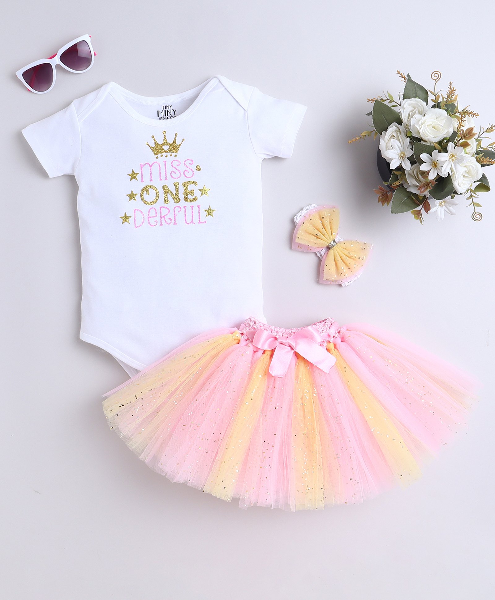 TINY MINY MEE Elastane Woven Half Sleeves Miss One Derful Text Printed Onesie With Shimmered Tutu Skirt & Headband - Multi Colour-image-47