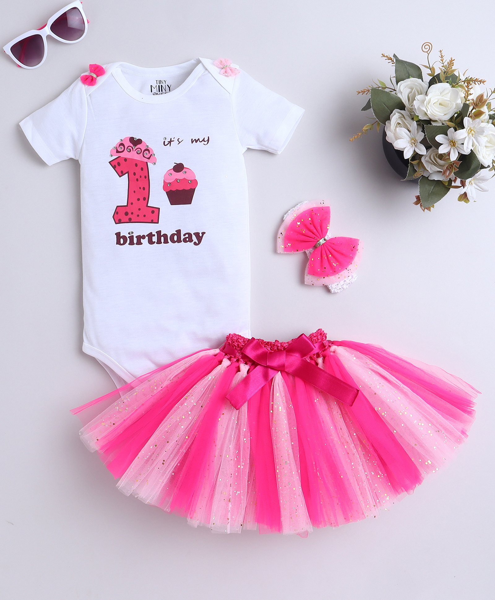 TINY MINY MEE Elastane Woven Birthday Theme Half Sleeves Its My 1st Birthday Text Printed Onesie With Shimmered Tutu Skirt & Headband - Multi Colour-picture-10