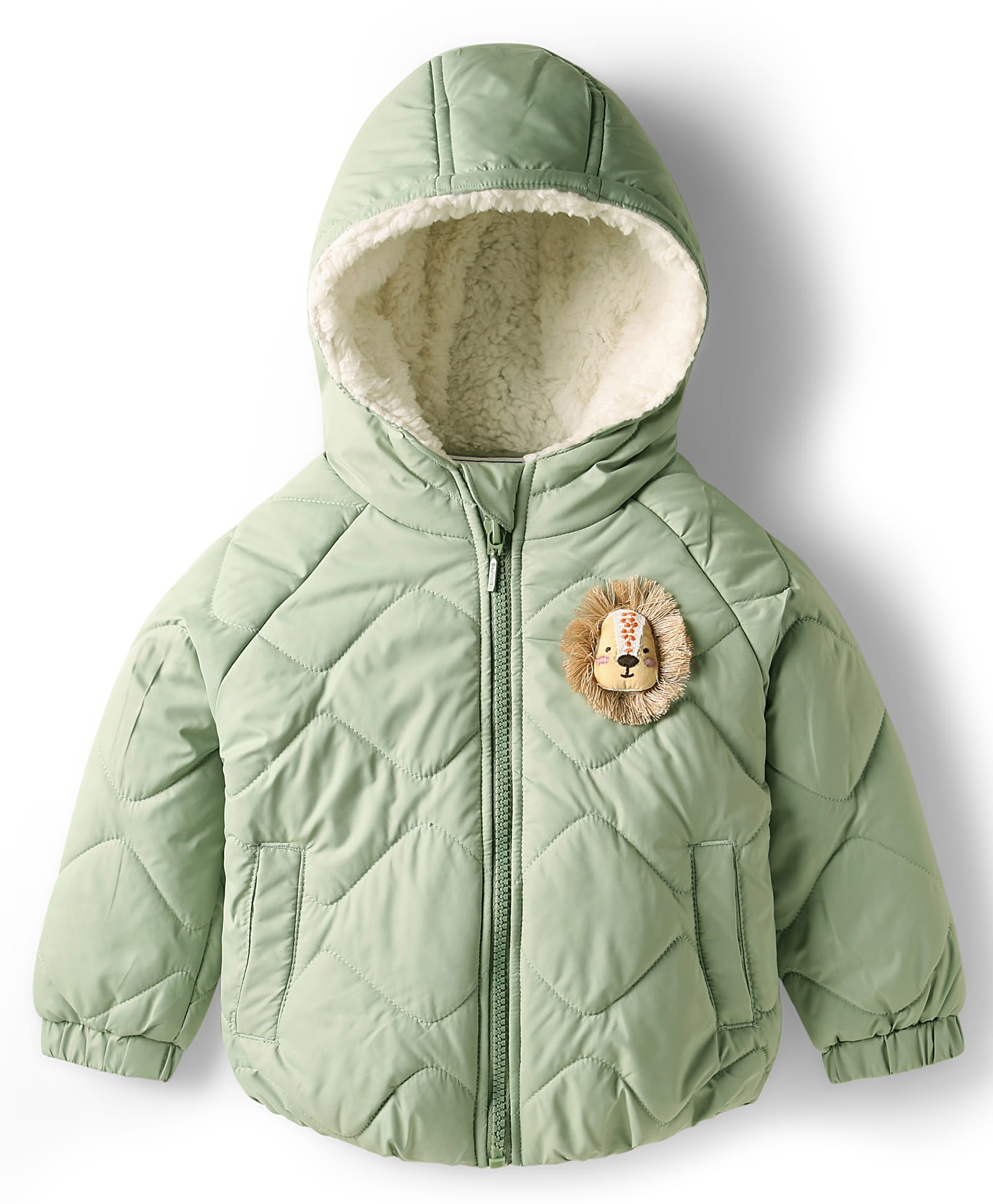 Babyhug Woven Full Raglan Sleeves Hooded Quilted Jacket with Applique & Kangaroo Pocket - Olive Green-picture-24