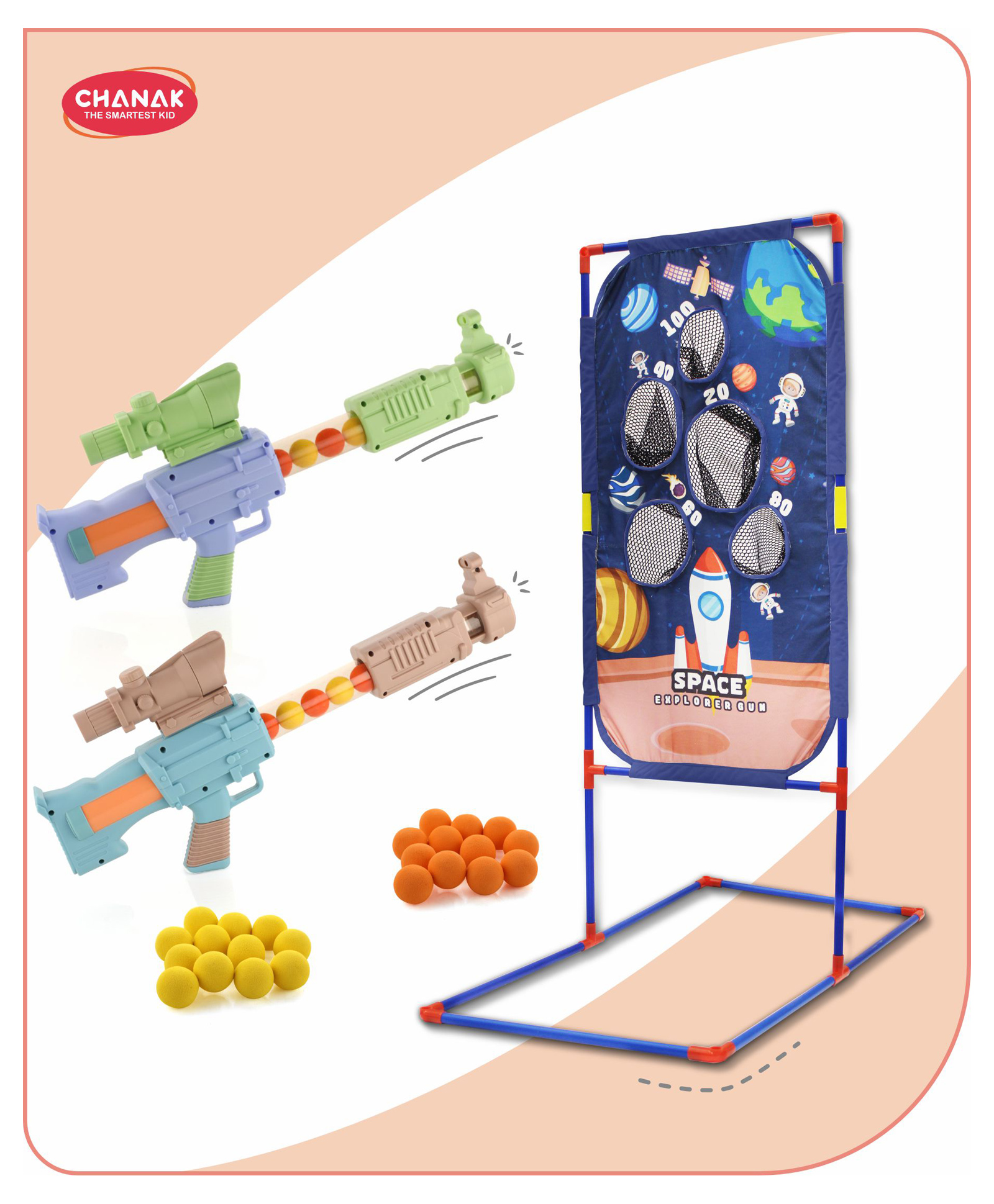 Aditi Toys Space Explorer Pack Of 2 Pneumatic Gun Toy With Scoring Net Stand Include 24 Orange & 24 Yellow Soft Foam Ball(Brown)