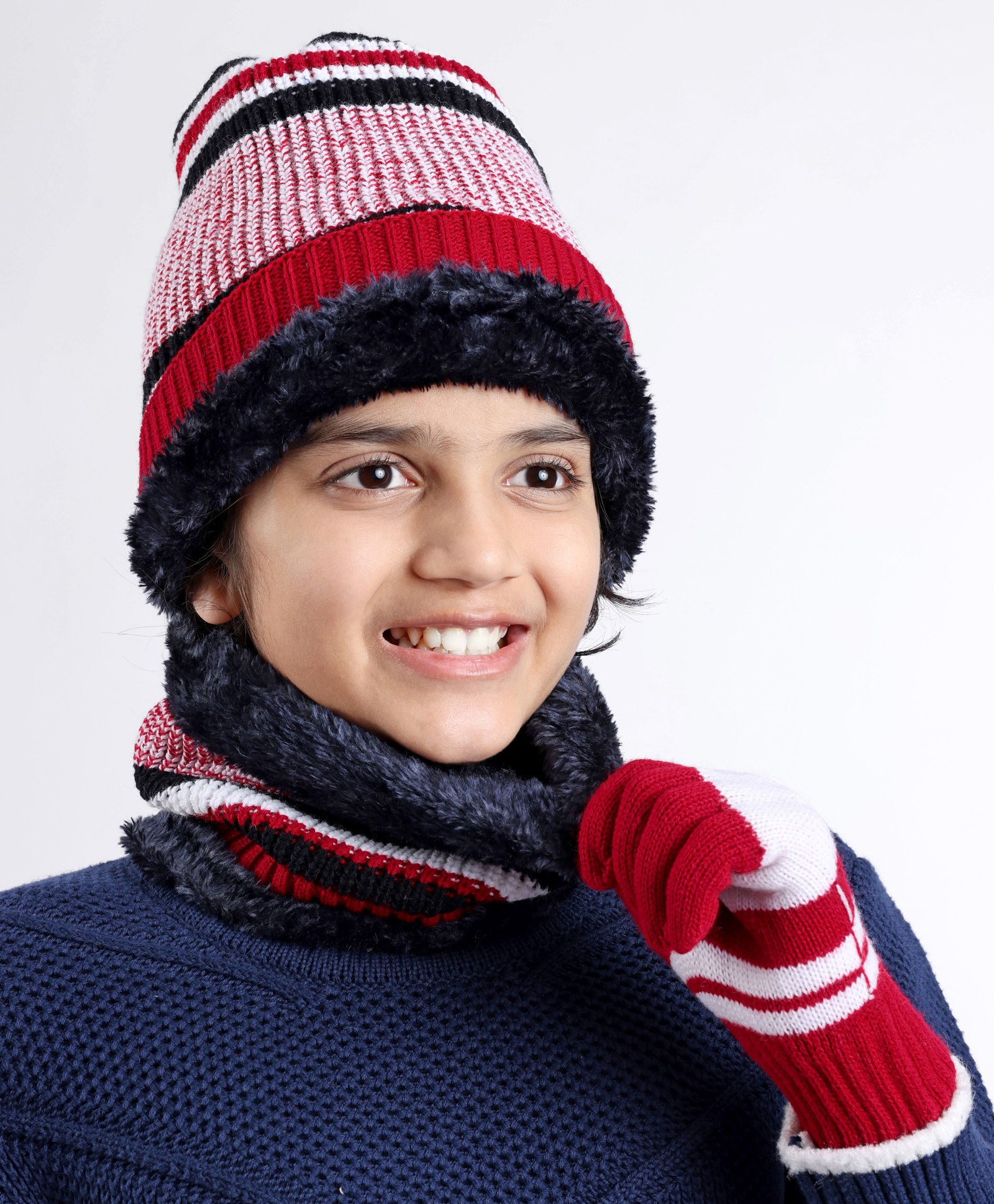 Pine Kids Woollen Cap Gloves and Muffler Set with Stripes Design Red & White - Diameter 18 cm-image-38