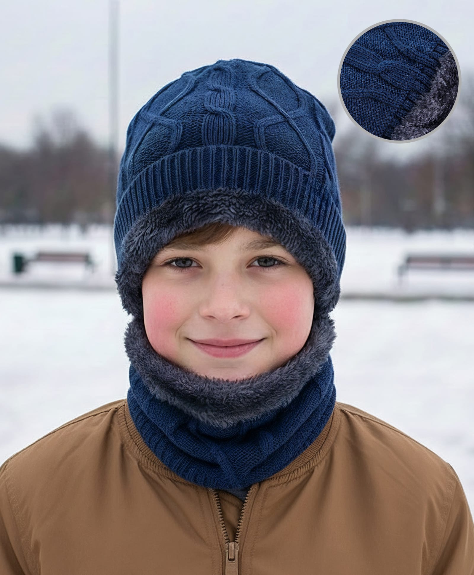 Pine Kids Knit Solid Woollen Cap & Muffler Navy Blue - Diameter 16.5 cm-image-29